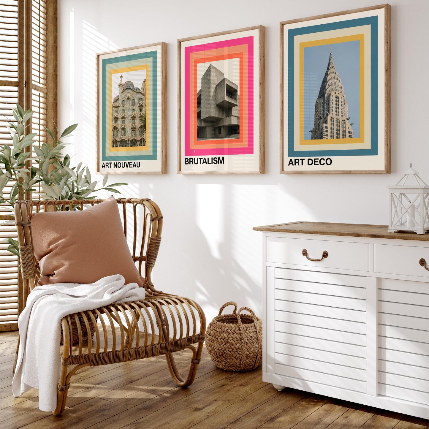 Architecture Styles Set of Three Art Prints - Art Nouveau, Brutalism, Art Deco Posters - Photo Gallery Wall Illustration