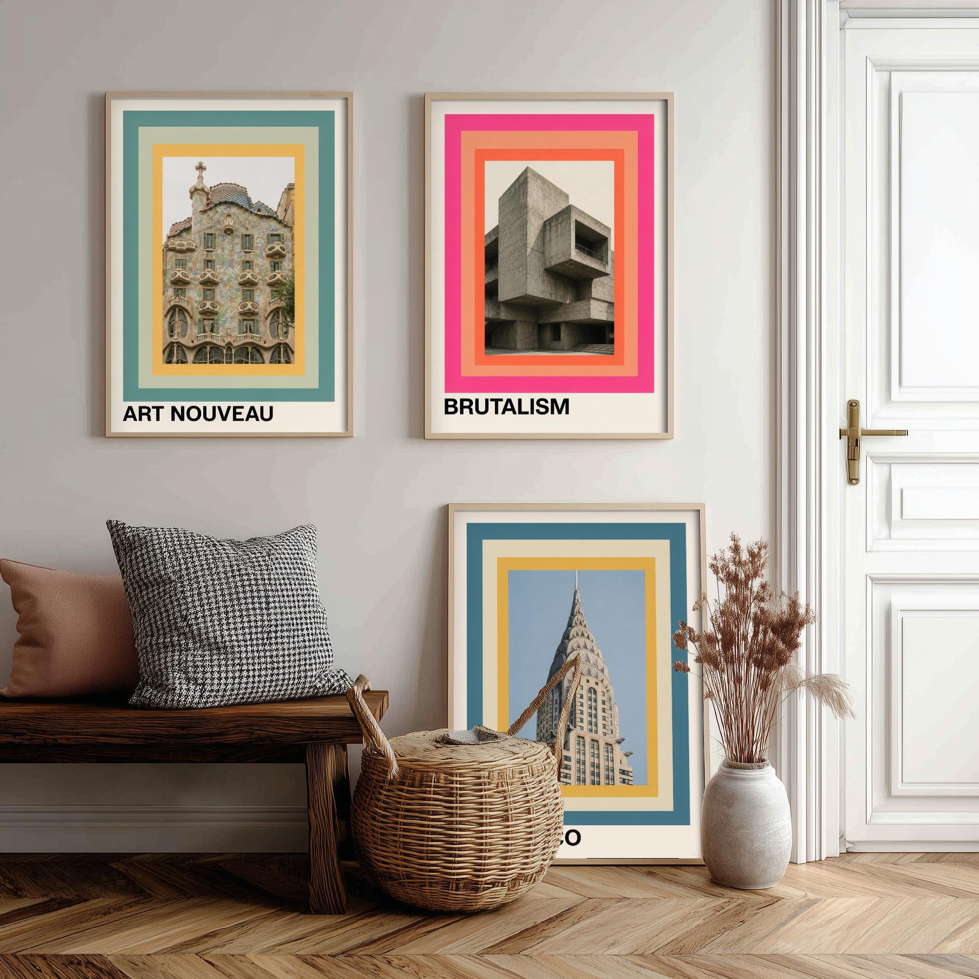 Architecture Styles Set of Three Art Prints - Art Nouveau, Brutalism, Art Deco Posters - Photo Gallery Wall Illustration