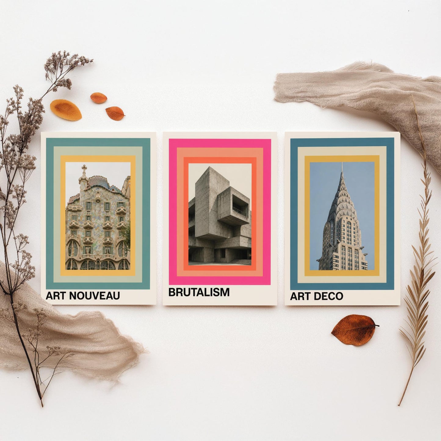 Architecture Styles Set of Three Art Prints - Art Nouveau, Brutalism, Art Deco Posters - Photo Gallery Wall Illustration