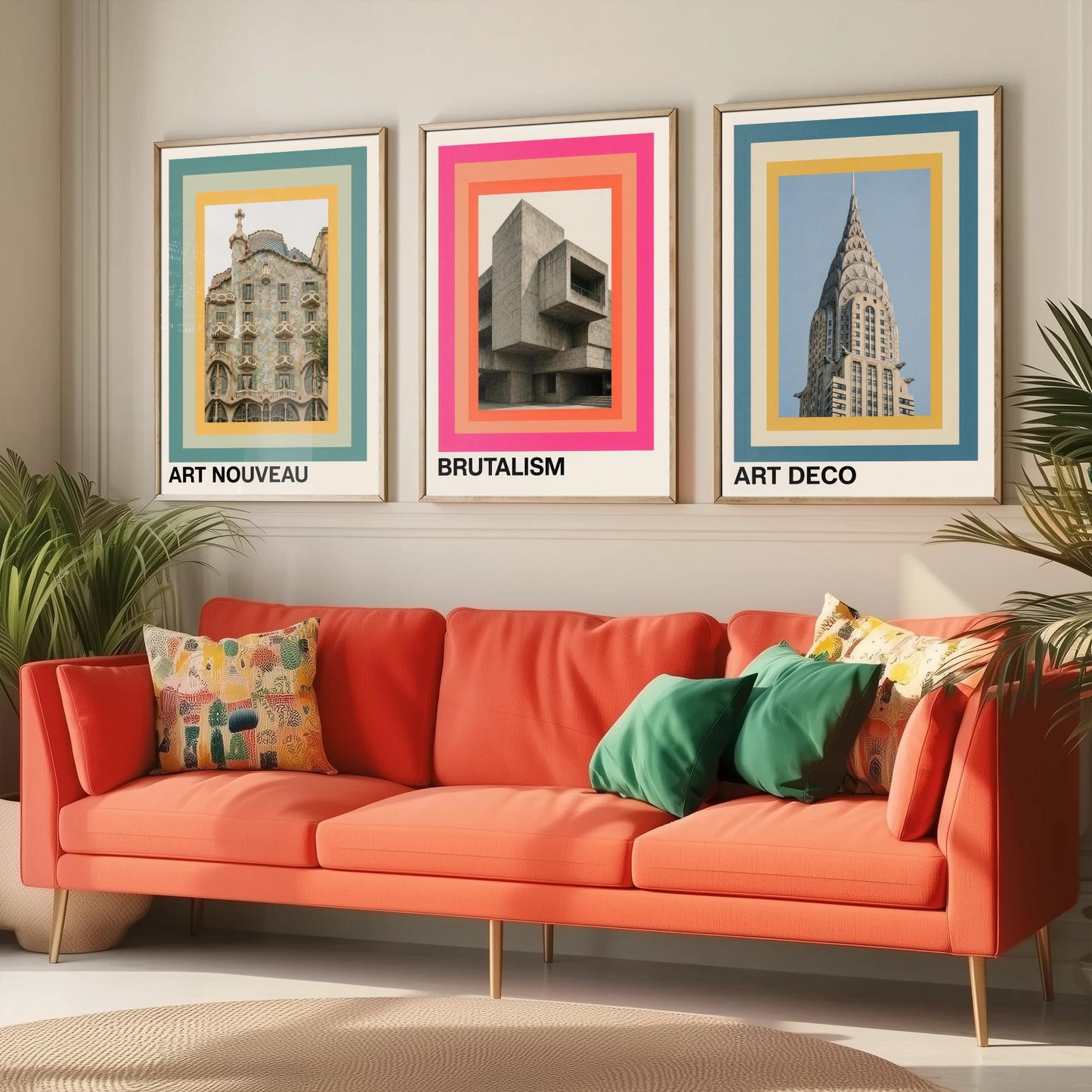 Architecture Styles Set of Three Art Prints - Art Nouveau, Brutalism, Art Deco Posters - Photo Gallery Wall Illustration