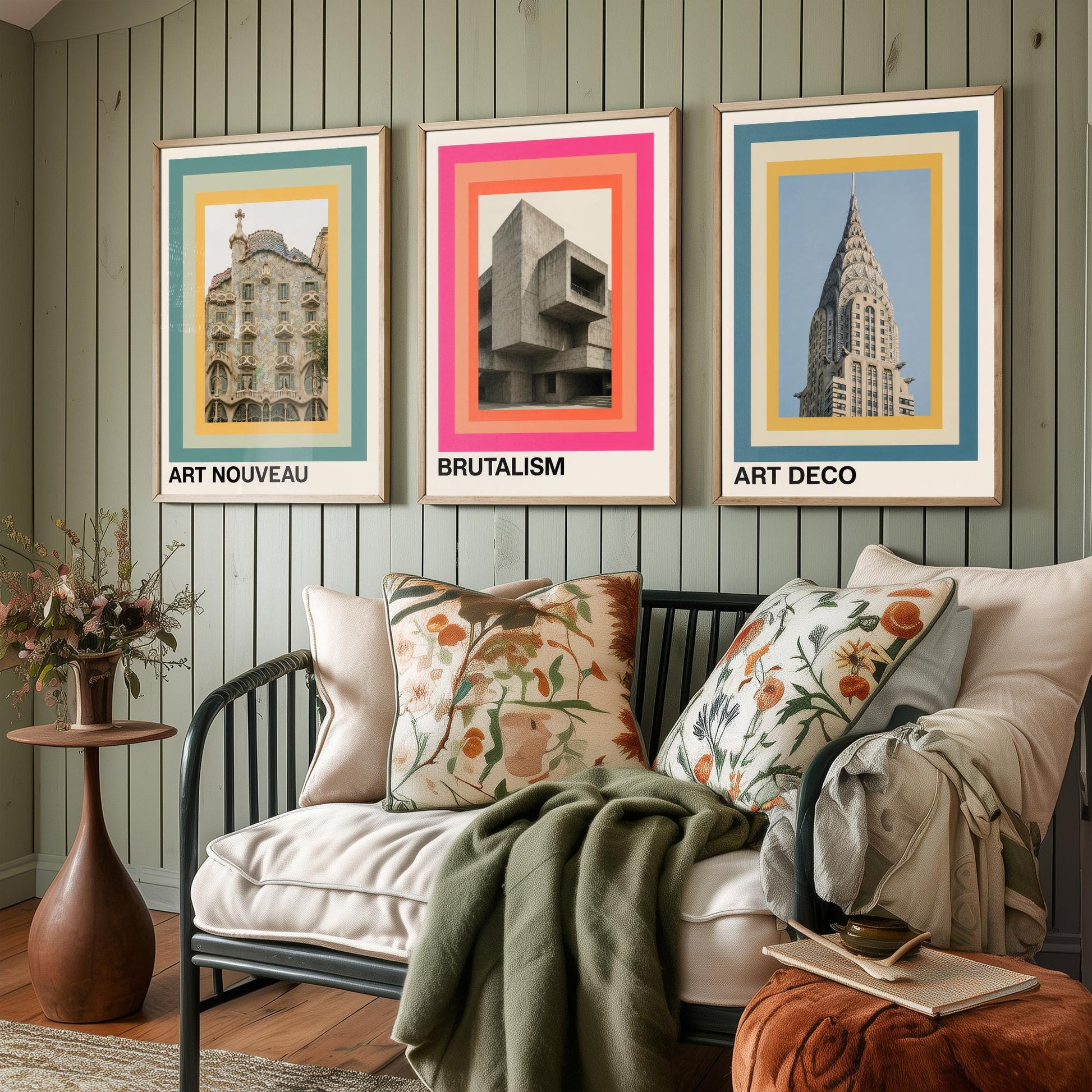 Architecture Styles Set of Three Art Prints - Art Nouveau, Brutalism, Art Deco Posters - Photo Gallery Wall Illustration