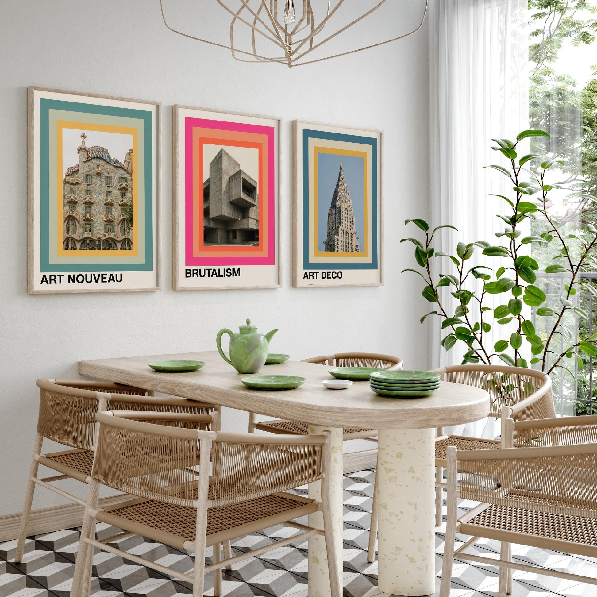Architecture Styles Set of Three Art Prints - Art Nouveau, Brutalism, Art Deco Posters - Photo Gallery Wall Illustration