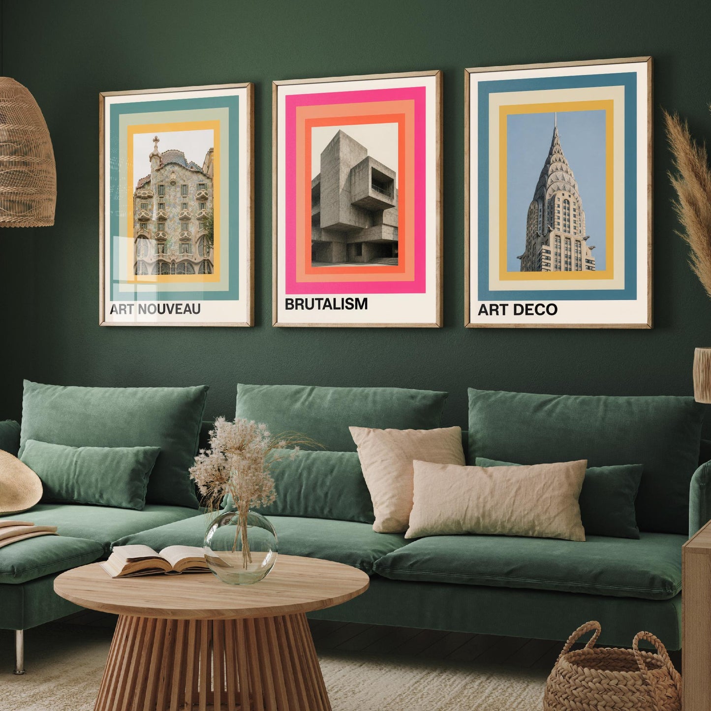 Architecture Styles Set of Three Art Prints - Art Nouveau, Brutalism, Art Deco Posters - Photo Gallery Wall Illustration