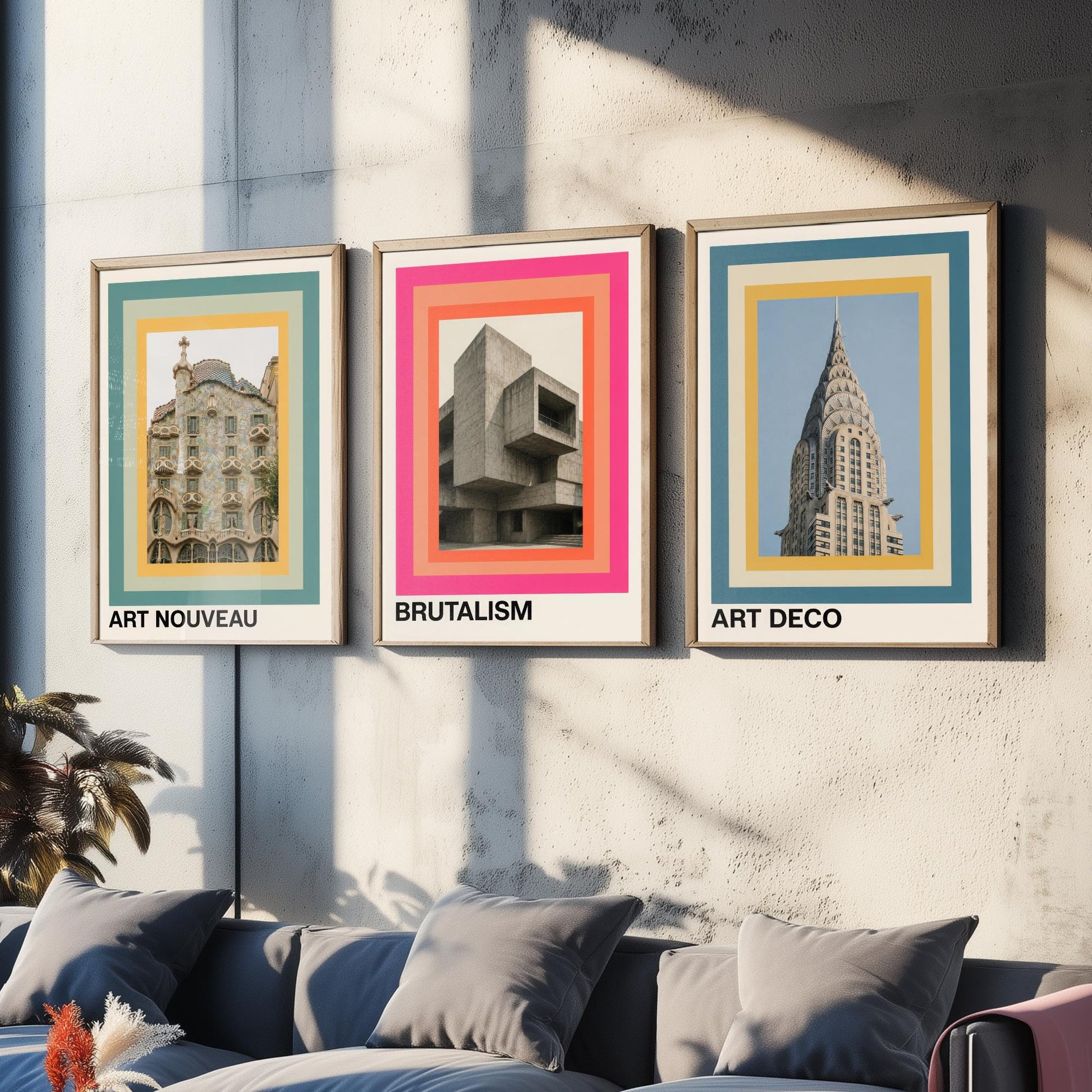 Architecture Styles Set of Three Art Prints - Art Nouveau, Brutalism, Art Deco Posters - Photo Gallery Wall Illustration