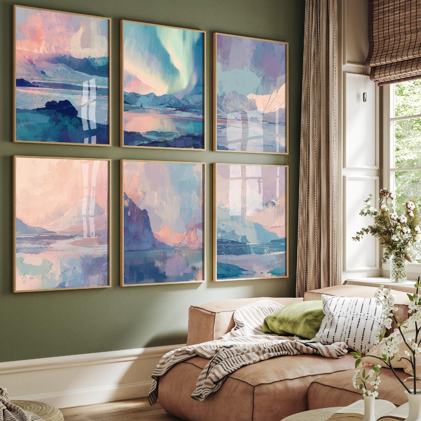 Set of Six Arctic Northern Lights Art Prints - 6 Pastel Aurora Glacier Paintings - Blush Pink Powder Blue Mountain Fjord Poster Set