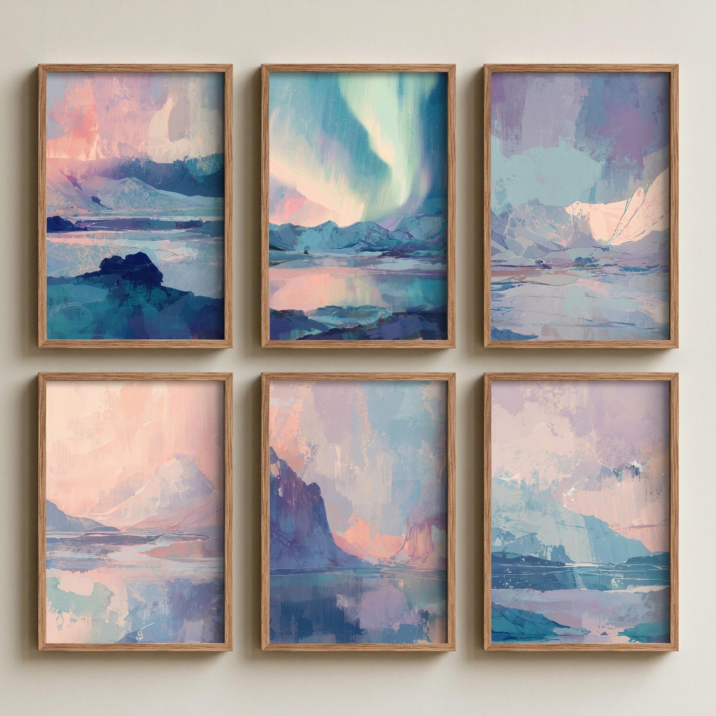 Set of Six Arctic Northern Lights Art Prints - 6 Pastel Aurora Glacier Paintings - Blush Pink Powder Blue Mountain Fjord Poster Set