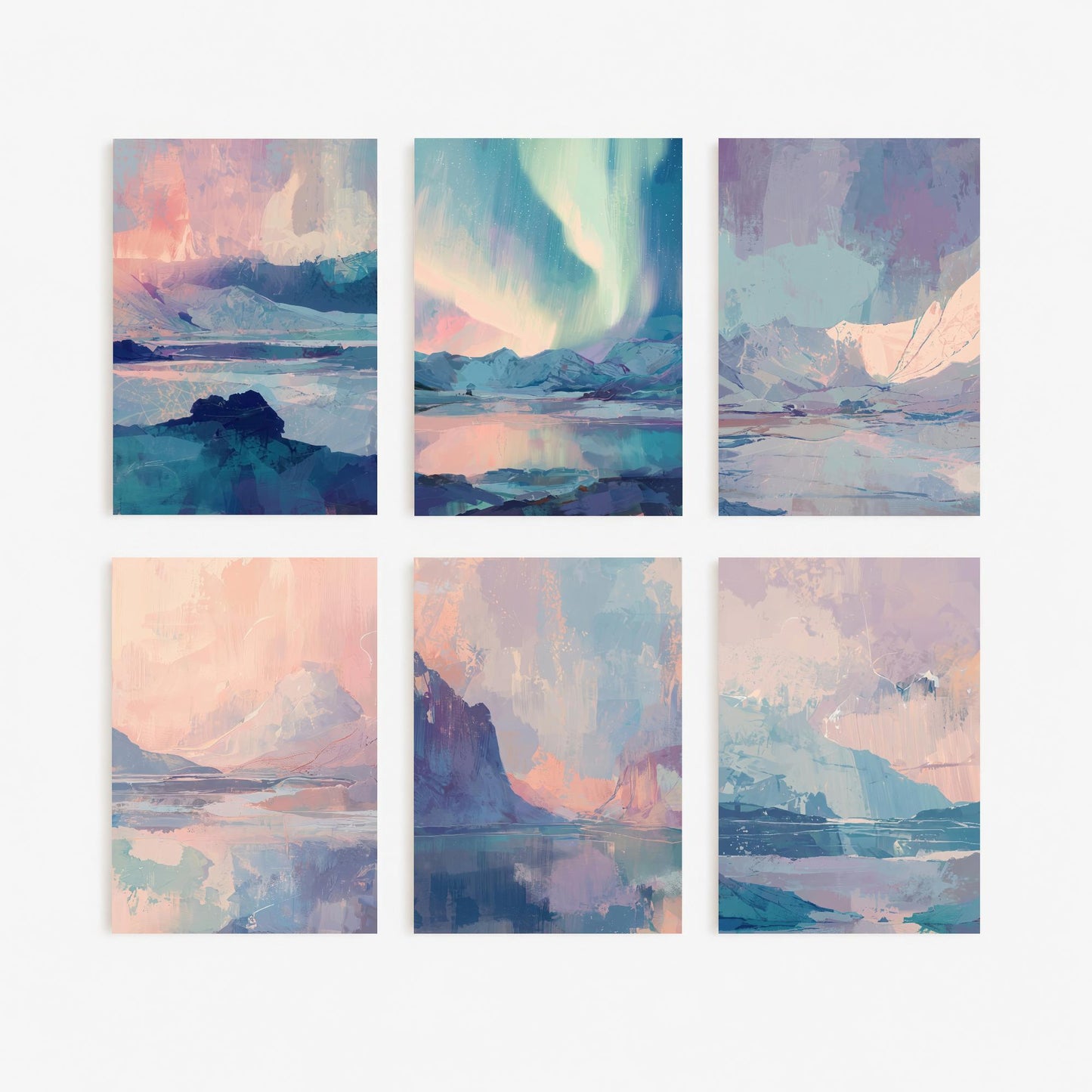 Set of Six Arctic Northern Lights Art Prints - 6 Pastel Aurora Glacier Paintings - Blush Pink Powder Blue Mountain Fjord Poster Set