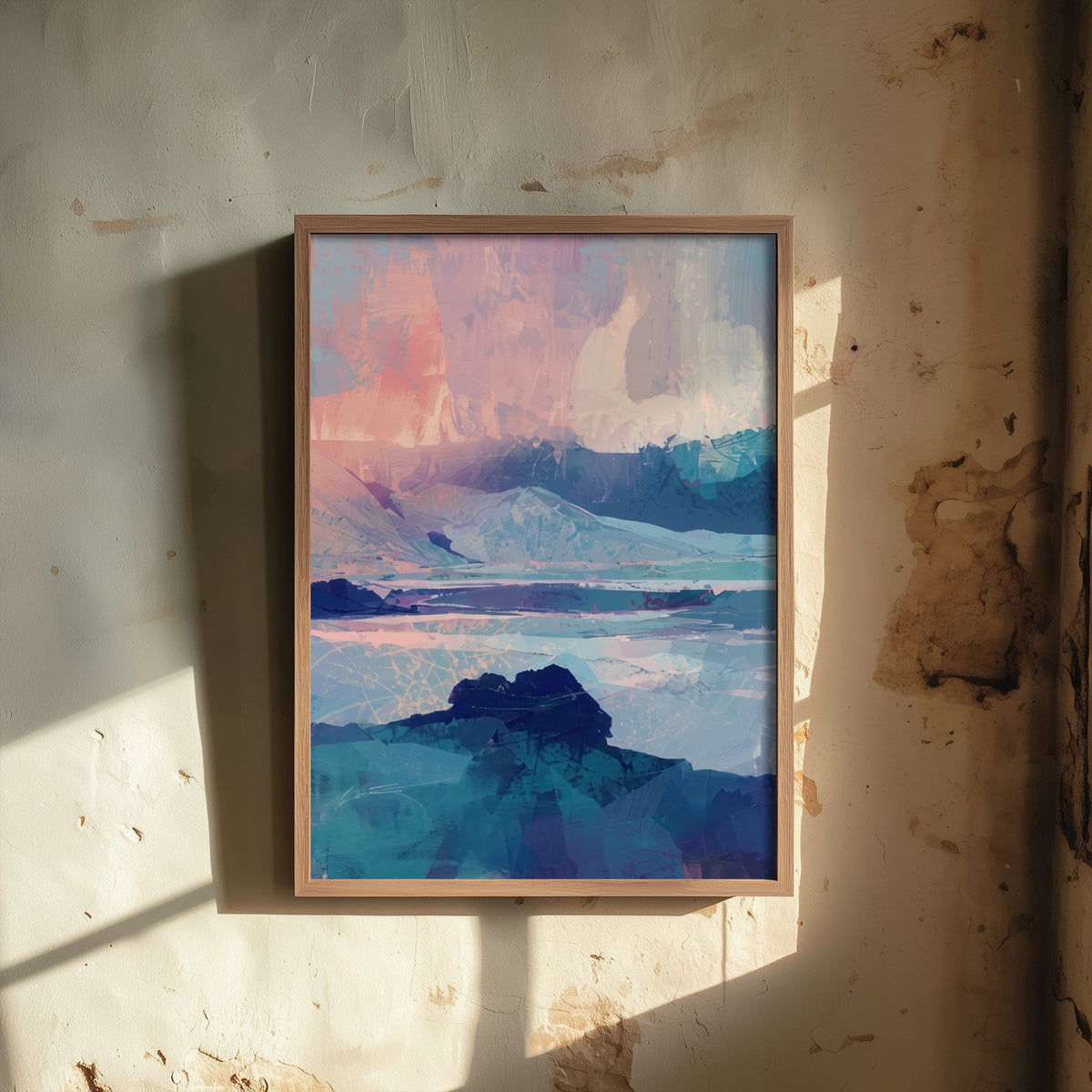 Arctic Northern Lights Art Print - Pastel Aurora Glacier Illustration - Blue Pink Abstract Landscape Poster V1 1/3