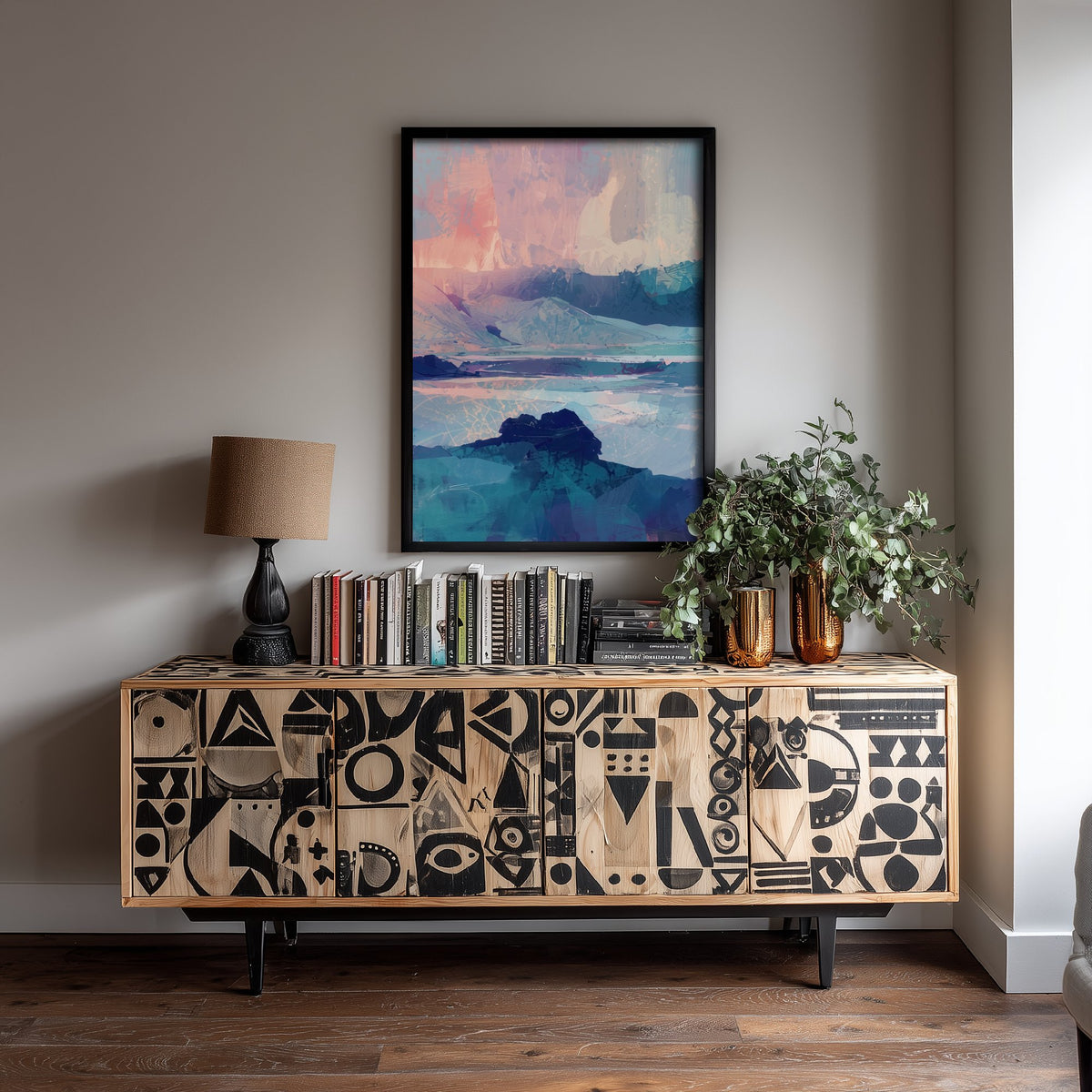 Arctic Northern Lights Art Print - Pastel Aurora Glacier Illustration - Blue Pink Abstract Landscape Poster V1 1/3