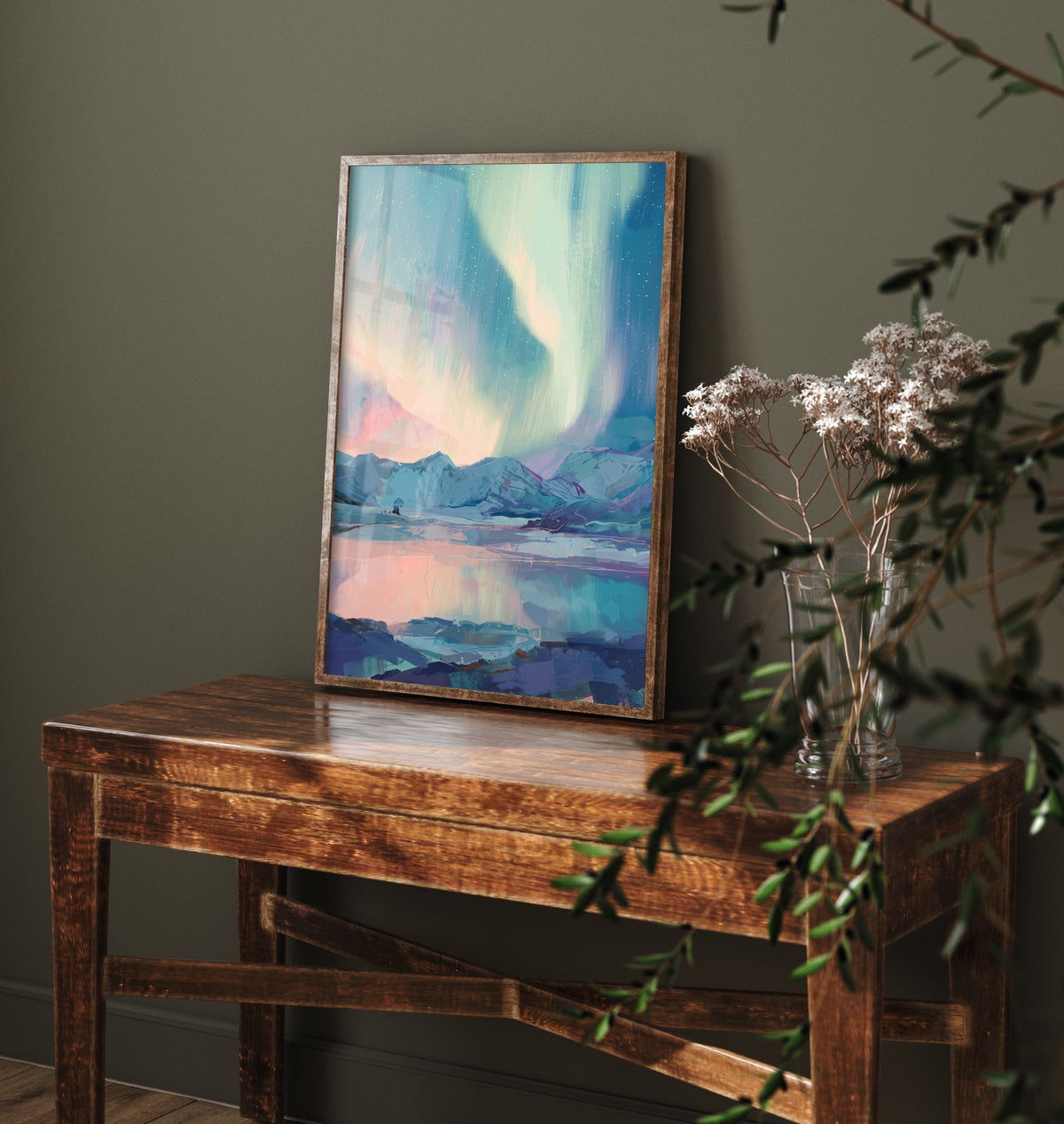 Northern Lights Over Snowy Mountains Art Print - Pastel Aurora Sky Illustration - Arctic Lake Reflection Poster V1 2/3