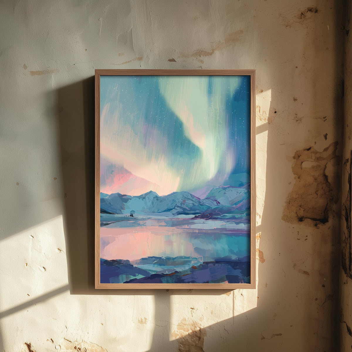 Northern Lights Over Snowy Mountains Art Print - Pastel Aurora Sky Illustration - Arctic Lake Reflection Poster V1 2/3