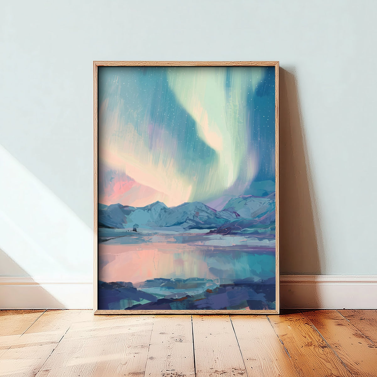 Northern Lights Over Snowy Mountains Art Print - Pastel Aurora Sky Illustration - Arctic Lake Reflection Poster V1 2/3