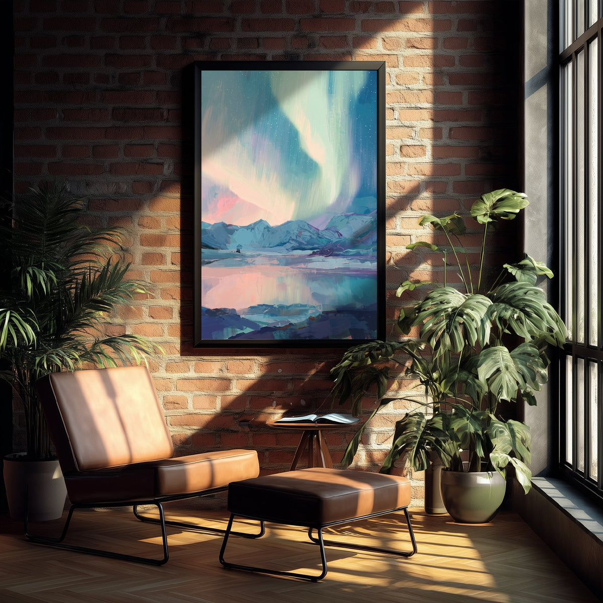 Northern Lights Over Snowy Mountains Art Print - Pastel Aurora Sky Illustration - Arctic Lake Reflection Poster V1 2/3