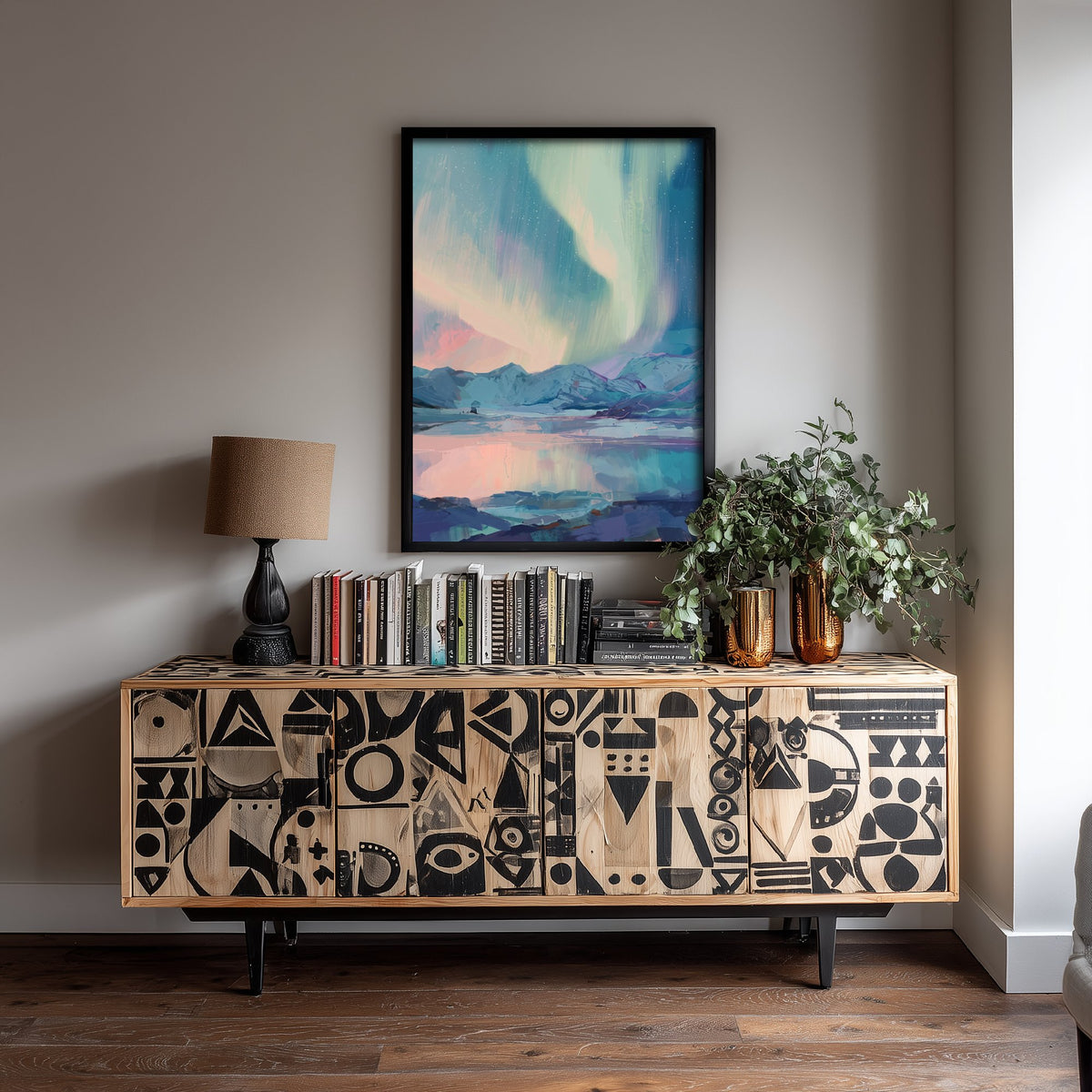 Northern Lights Over Snowy Mountains Art Print - Pastel Aurora Sky Illustration - Arctic Lake Reflection Poster V1 2/3