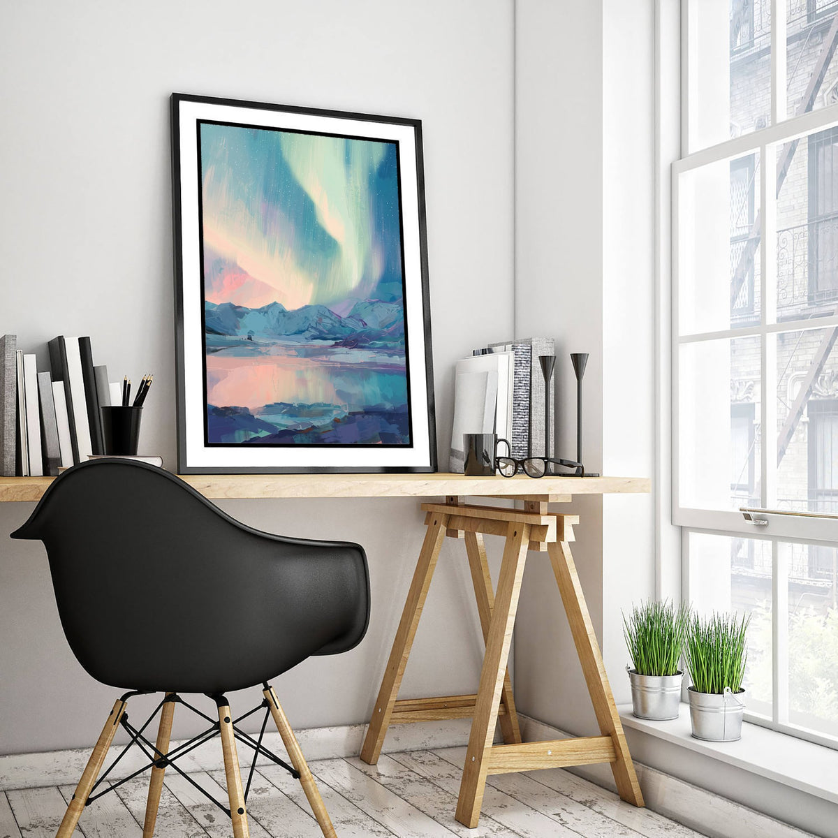 Northern Lights Over Snowy Mountains Art Print - Pastel Aurora Sky Illustration - Arctic Lake Reflection Poster V1 2/3