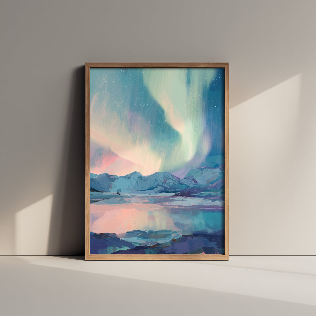 Northern Lights Over Snowy Mountains Art Print - Pastel Aurora Sky Illustration - Arctic Lake Reflection Poster V1 2/3