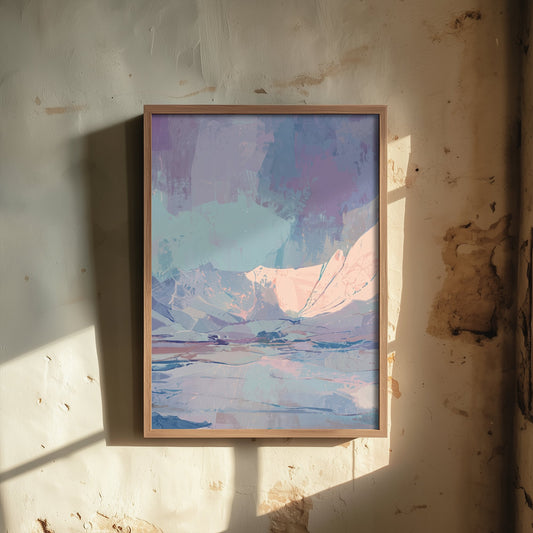 Pastel Arctic Mountains Art Print - Abstract Glacier Valley Illustration - Blue Pink Aurora Landscape Poster V1 3/3