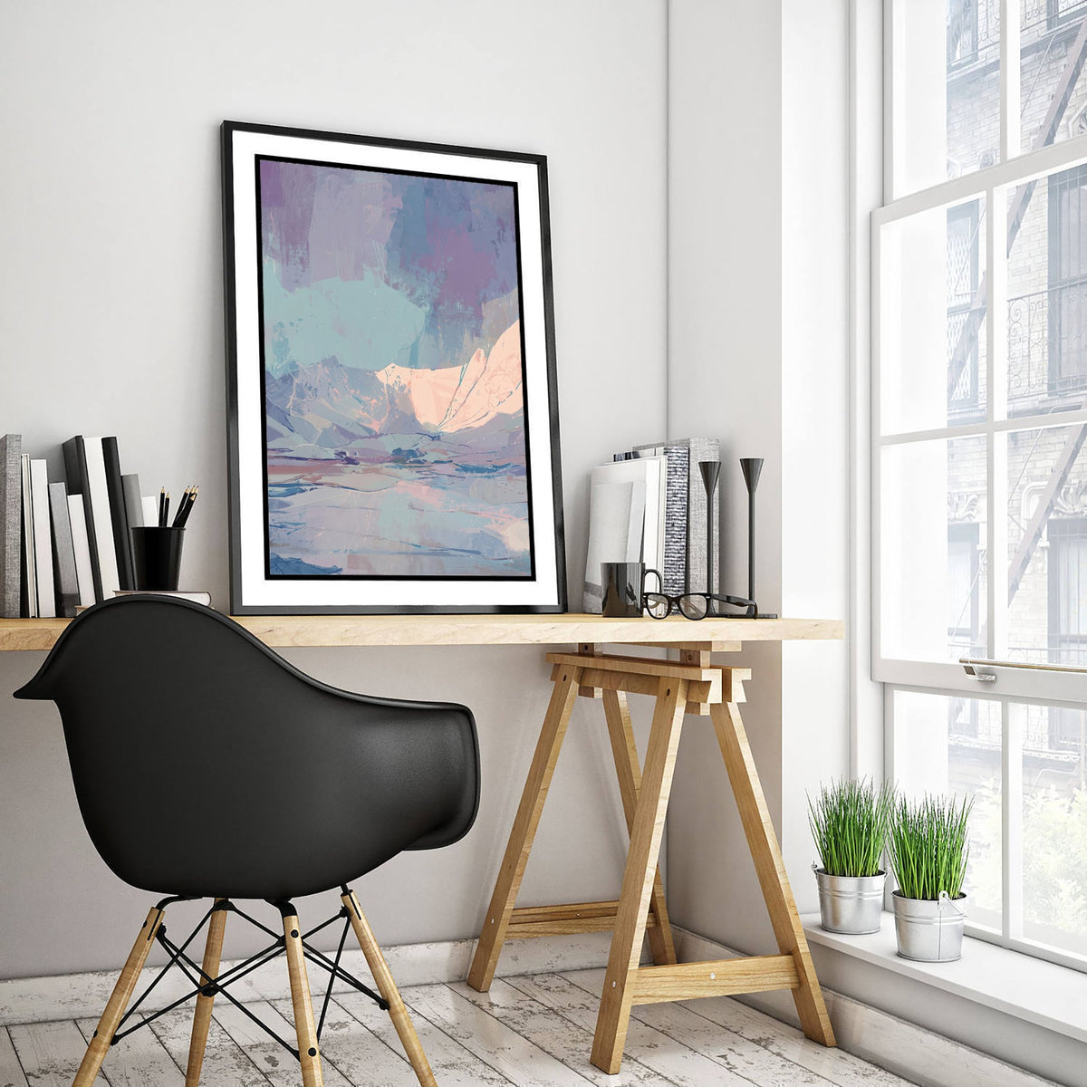 Pastel Arctic Mountains Art Print - Abstract Glacier Valley Illustration - Blue Pink Aurora Landscape Poster V1 3/3