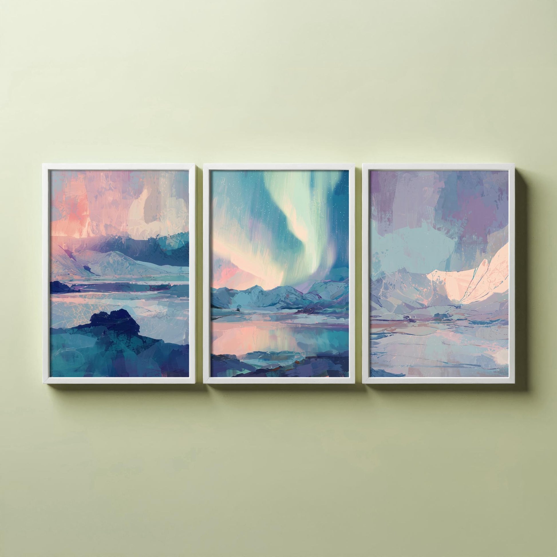 Arctic Northern Lights Set of Three Art Prints - Aurora Over Icy Mountains - Pastel Blue and Pink Posters - Abstract Painting V1