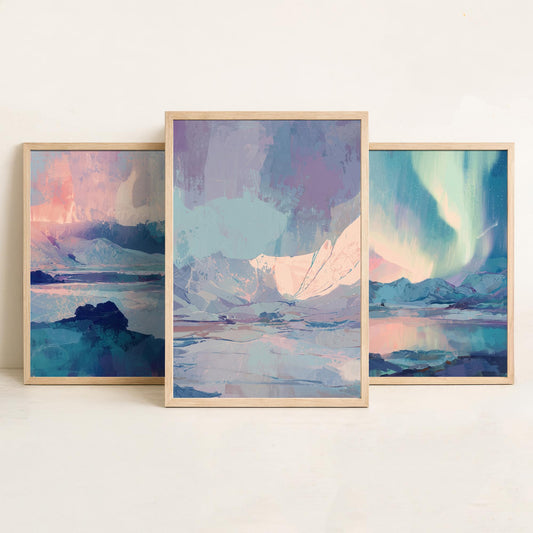 Arctic Northern Lights Set of Three Art Prints - Aurora Over Icy Mountains - Pastel Blue and Pink Posters - Abstract Painting V1