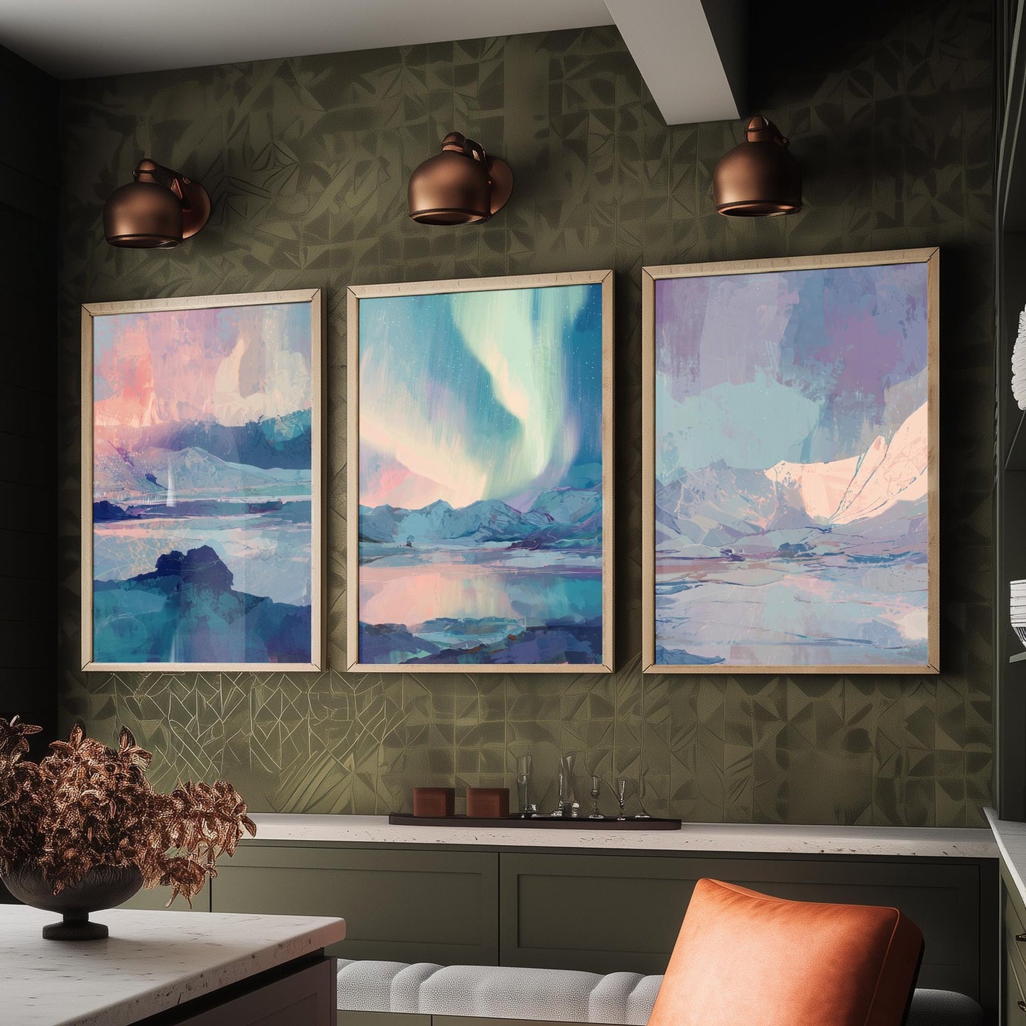 Arctic Northern Lights Set of Three Art Prints - Aurora Over Icy Mountains - Pastel Blue and Pink Posters - Abstract Painting V1