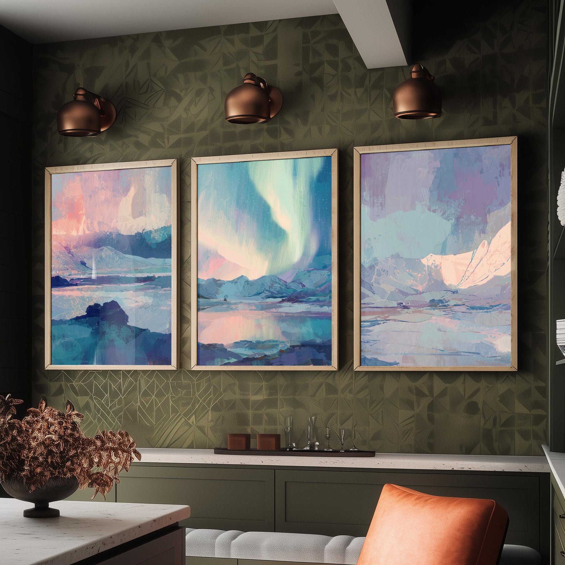 Arctic Northern Lights Set of Three Art Prints - Aurora Over Icy Mountains - Pastel Blue and Pink Posters - Abstract Painting V1