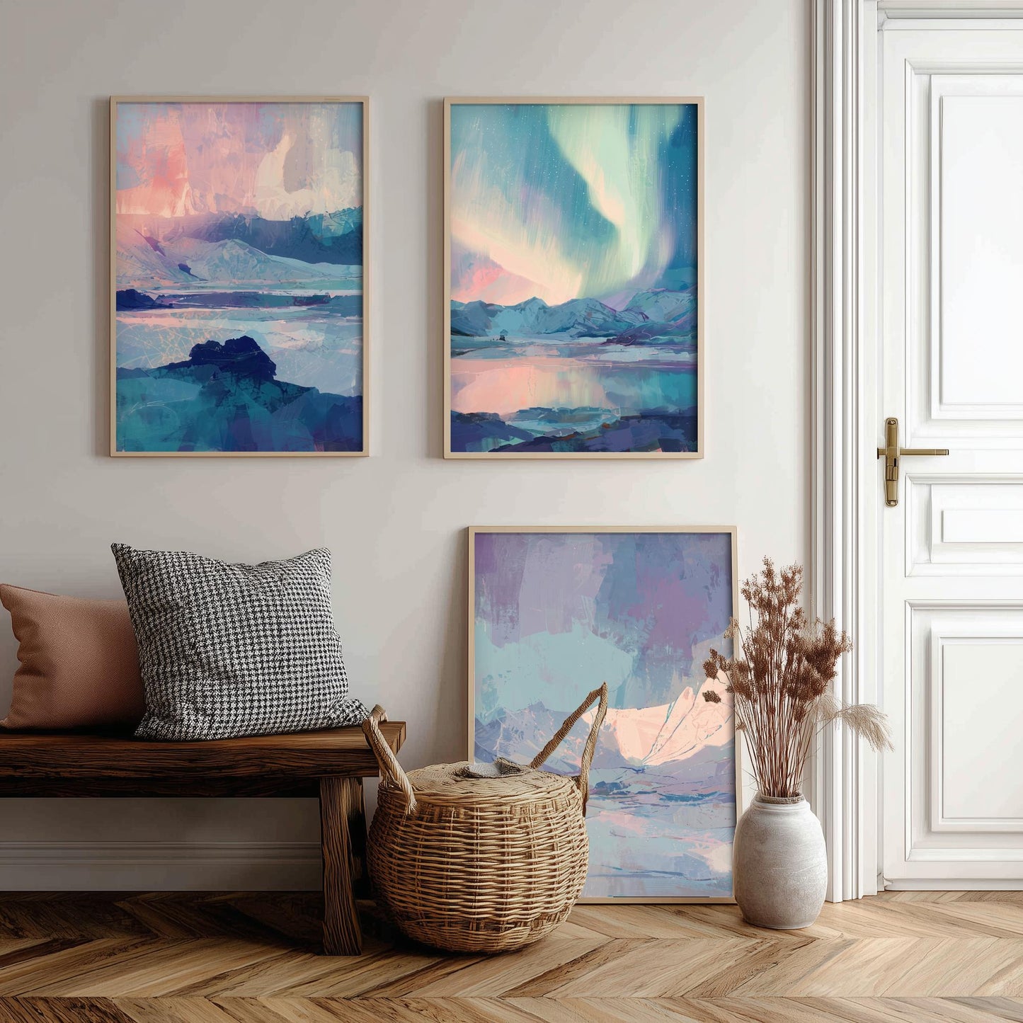 Arctic Northern Lights Set of Three Art Prints - Aurora Over Icy Mountains - Pastel Blue and Pink Posters - Abstract Painting V1