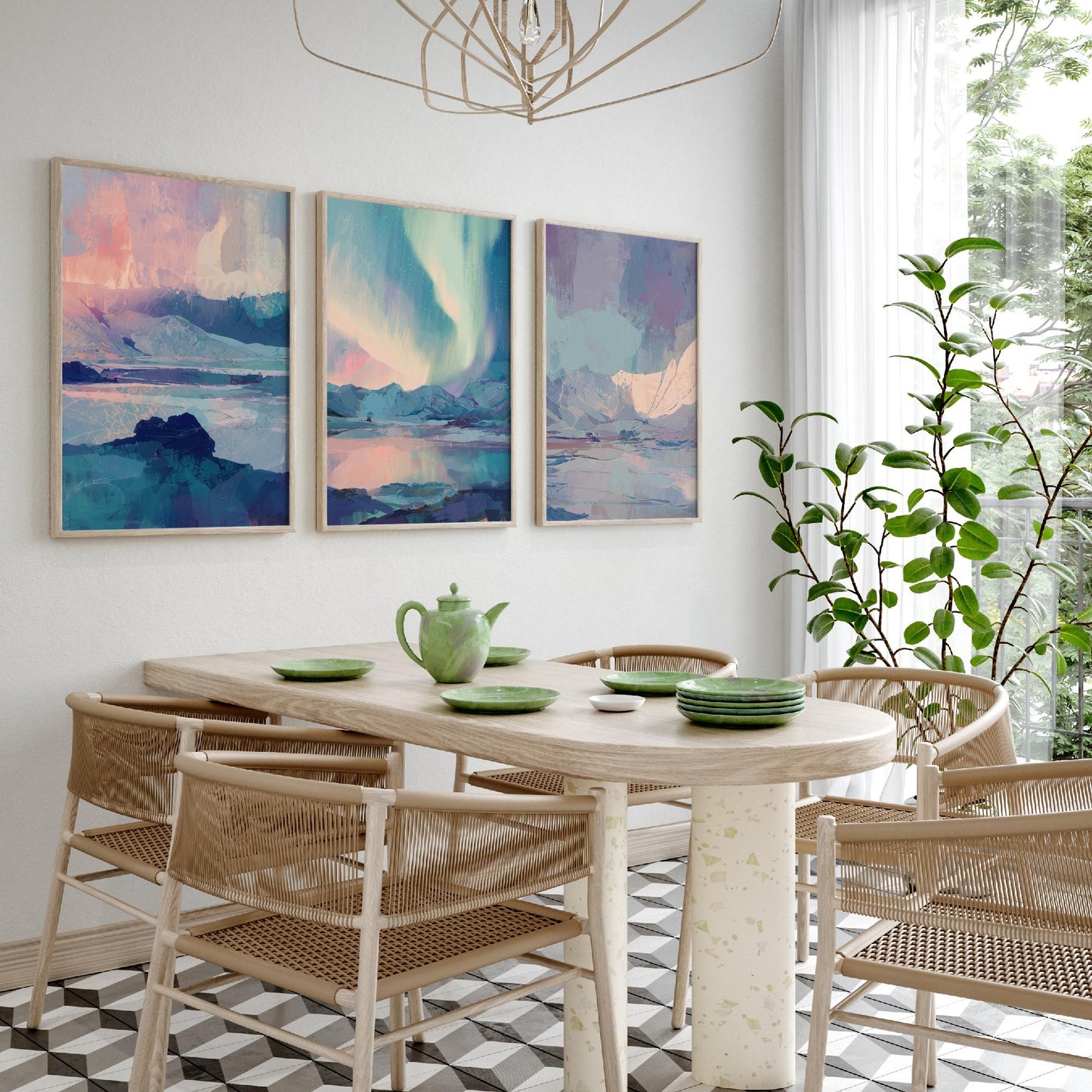 Arctic Northern Lights Set of Three Art Prints - Aurora Over Icy Mountains - Pastel Blue and Pink Posters - Abstract Painting V1