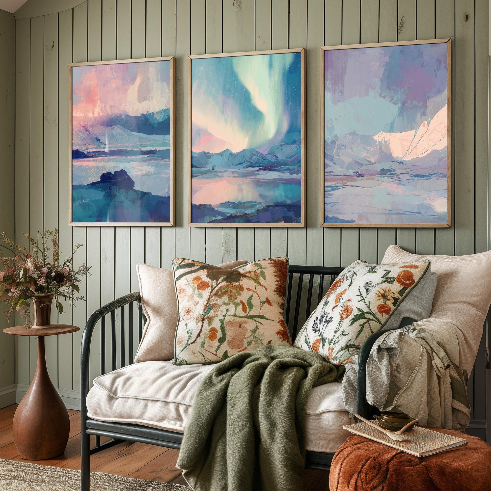 Arctic Northern Lights Set of Three Art Prints - Aurora Over Icy Mountains - Pastel Blue and Pink Posters - Abstract Painting V1