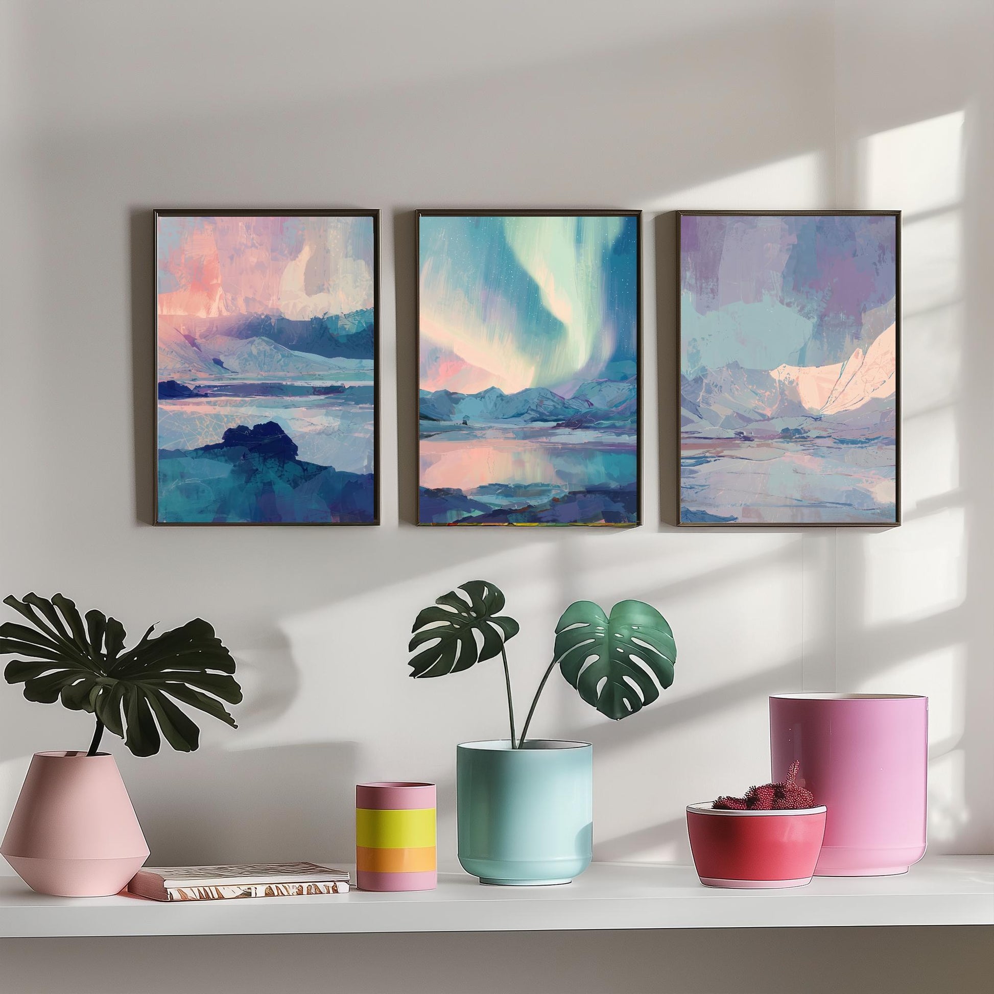 Arctic Northern Lights Set of Three Art Prints - Aurora Over Icy Mountains - Pastel Blue and Pink Posters - Abstract Painting V1