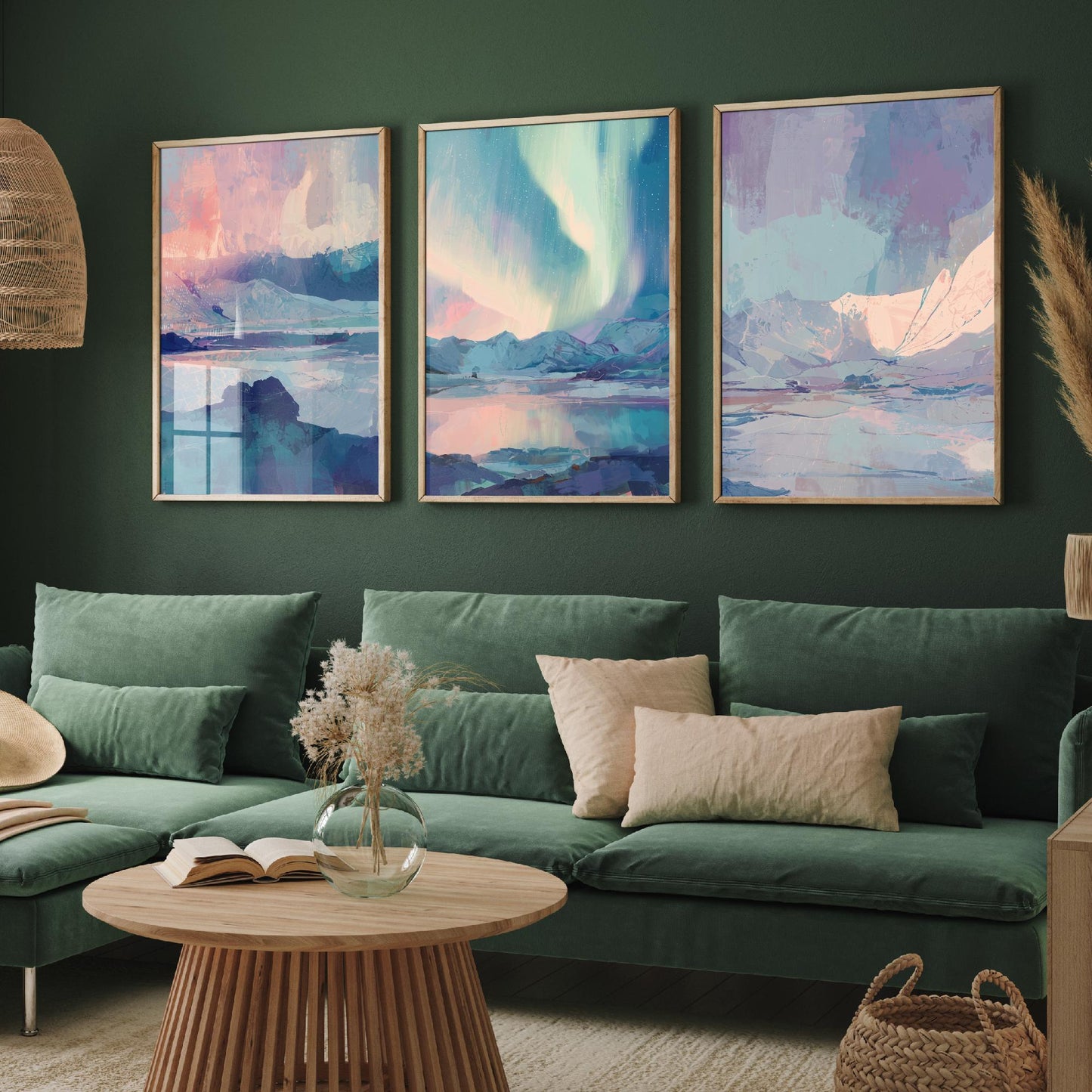 Arctic Northern Lights Set of Three Art Prints - Aurora Over Icy Mountains - Pastel Blue and Pink Posters - Abstract Painting V1