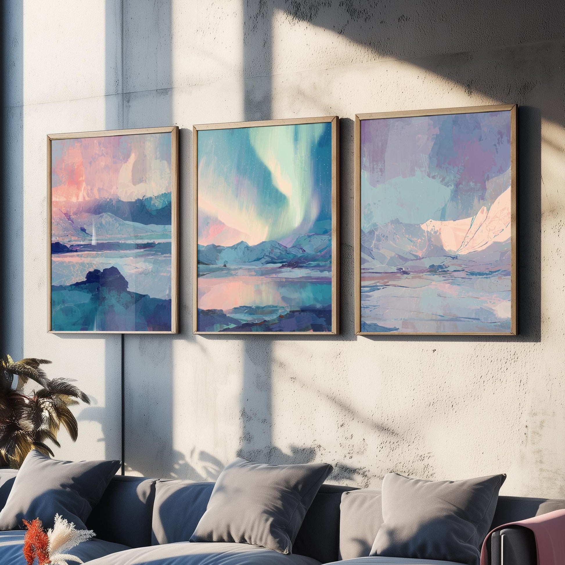 Arctic Northern Lights Set of Three Art Prints - Aurora Over Icy Mountains - Pastel Blue and Pink Posters - Abstract Painting V1