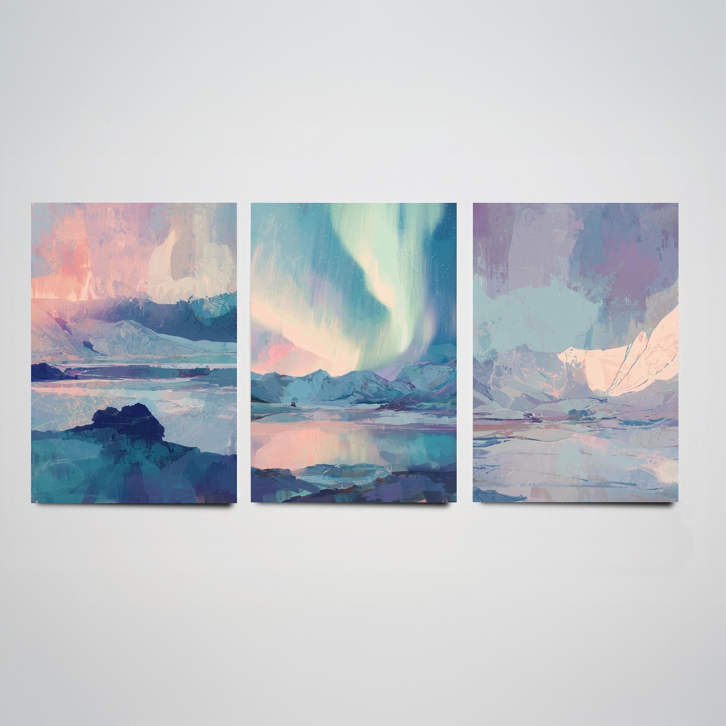 Arctic Northern Lights Set of Three Art Prints - Aurora Over Icy Mountains - Pastel Blue and Pink Posters - Abstract Painting V1