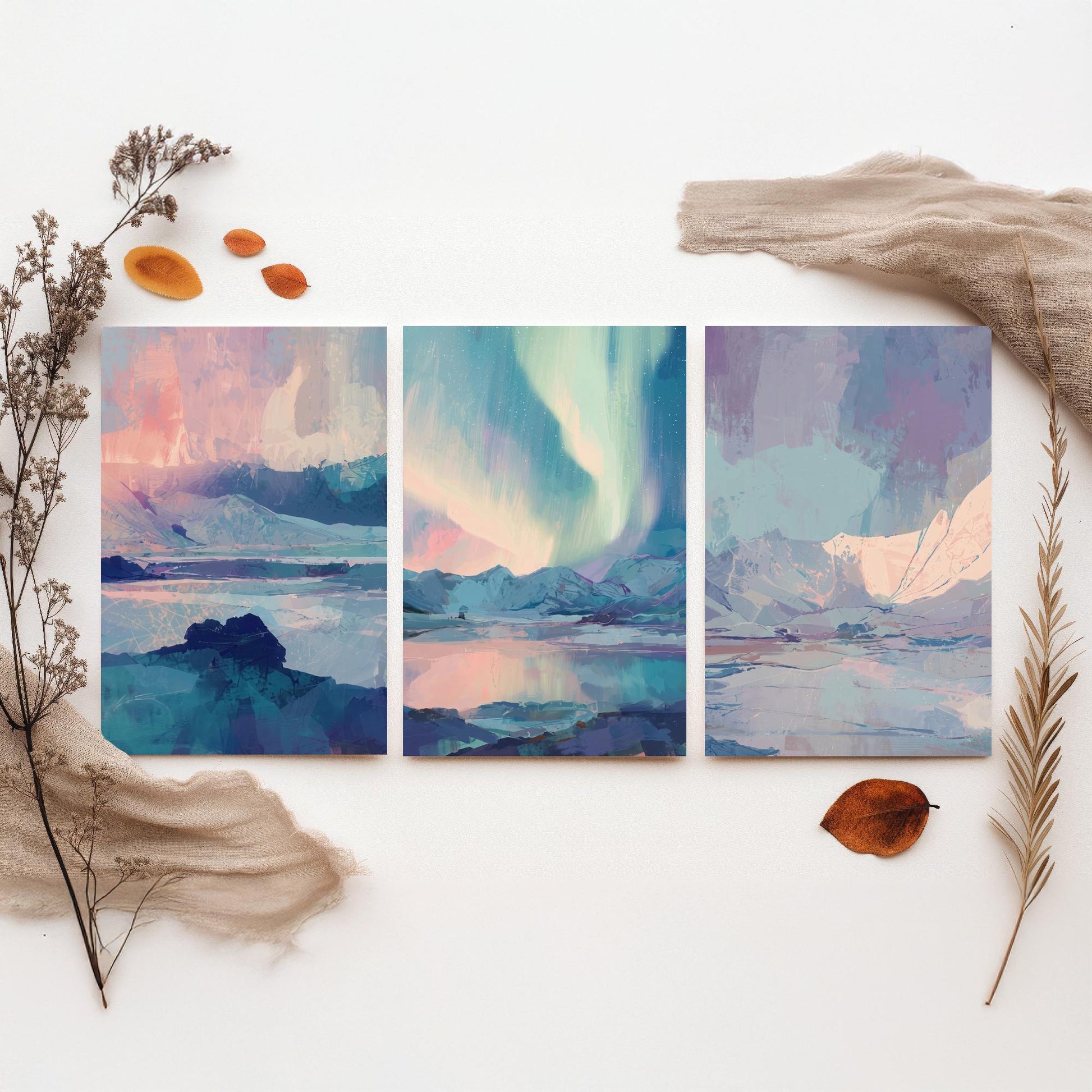 Arctic Northern Lights Set of Three Art Prints - Aurora Over Icy Mountains - Pastel Blue and Pink Posters - Abstract Painting V1