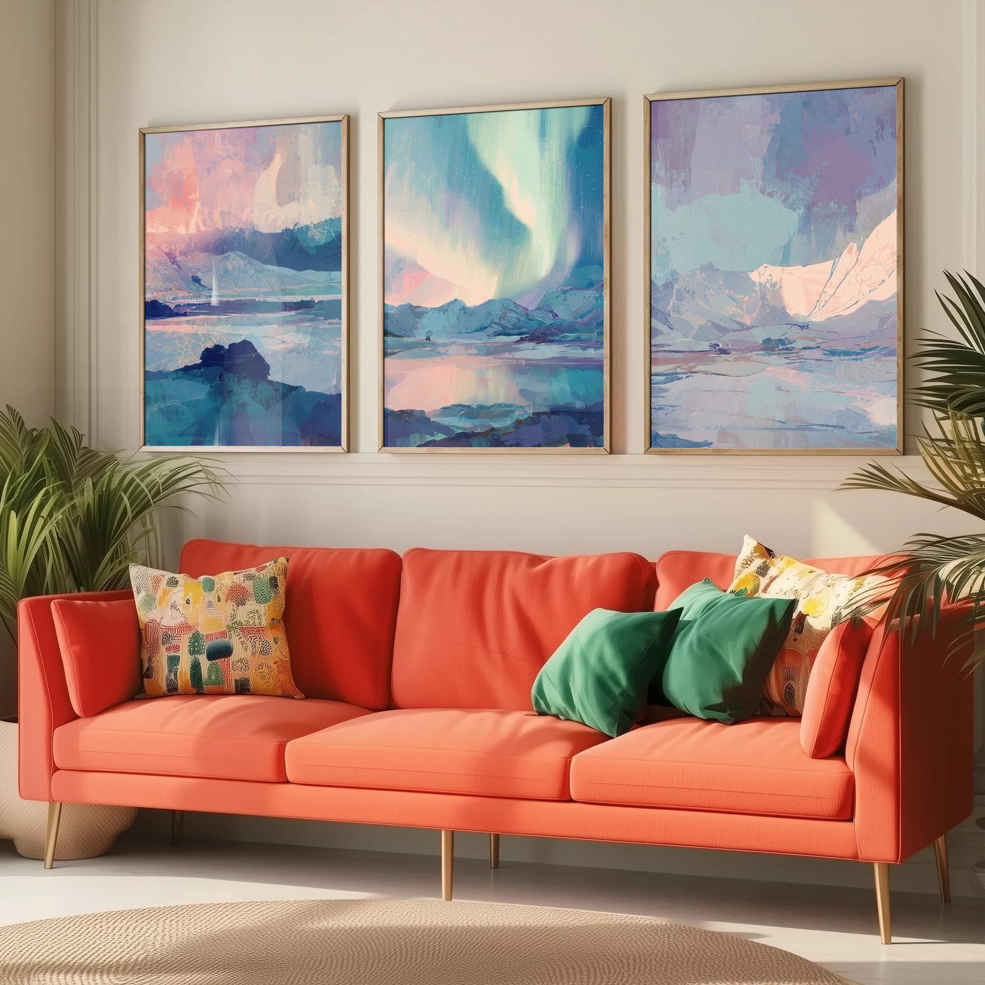 Arctic Northern Lights Set of Three Art Prints - Aurora Over Icy Mountains - Pastel Blue and Pink Posters - Abstract Painting V1