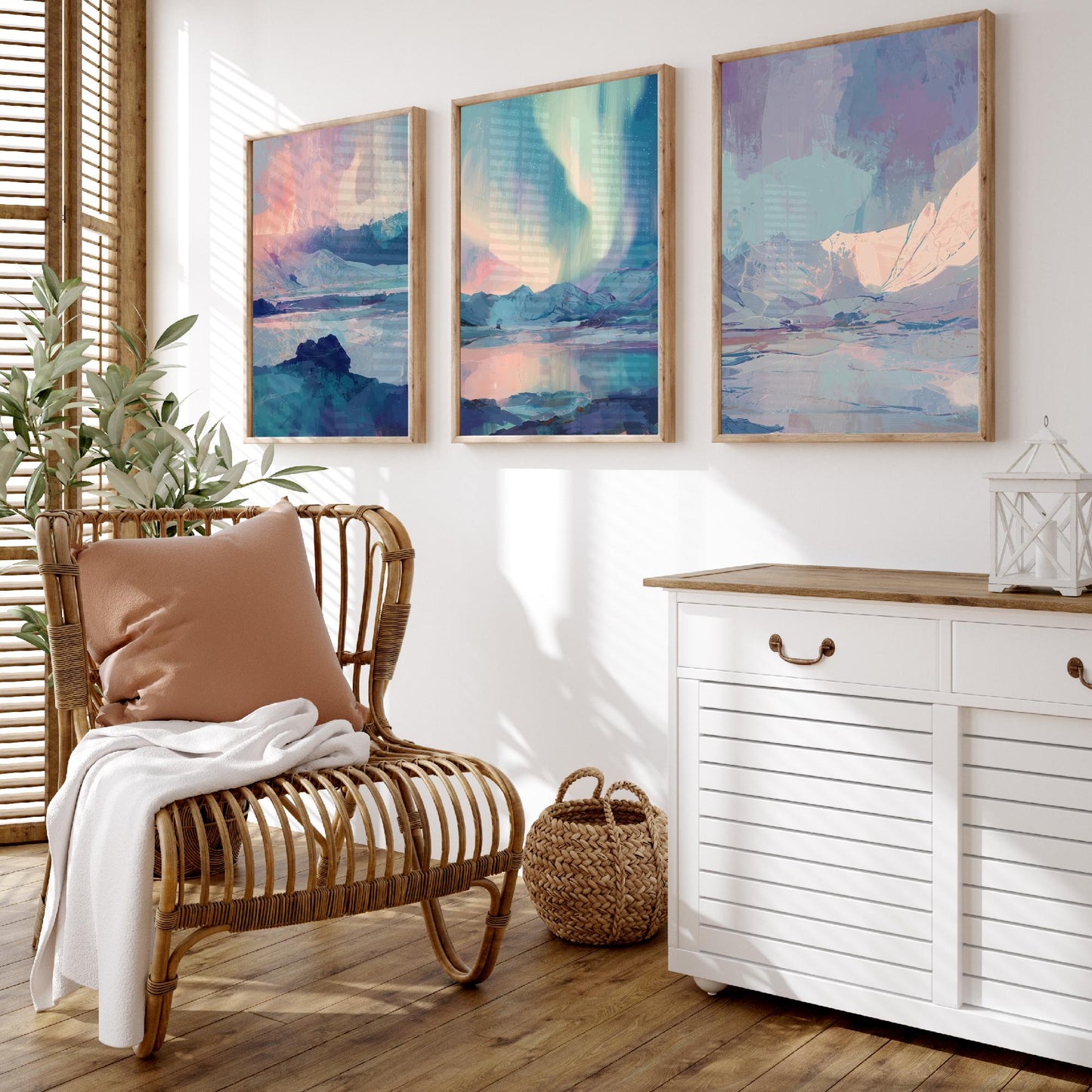 Arctic Northern Lights Set of Three Art Prints - Aurora Over Icy Mountains - Pastel Blue and Pink Posters - Abstract Painting V1