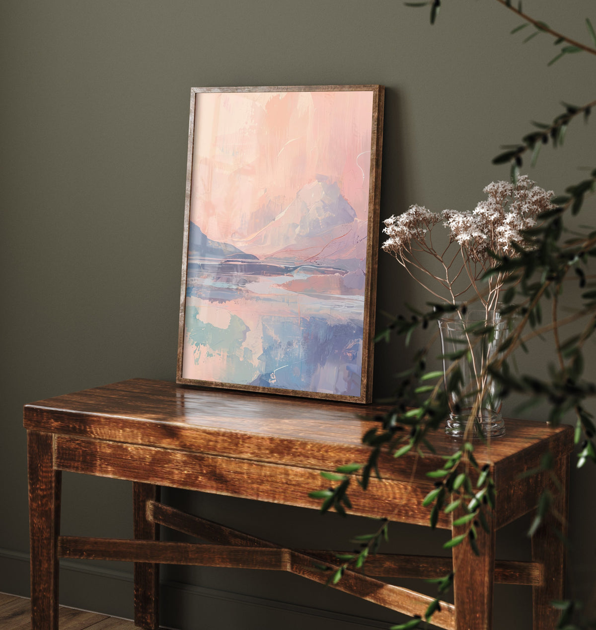 Blush Pink Arctic Mountain Art Print - Pastel Northern Lights Illustration - Soft Abstract Lake Landscape Poster V2 1/3