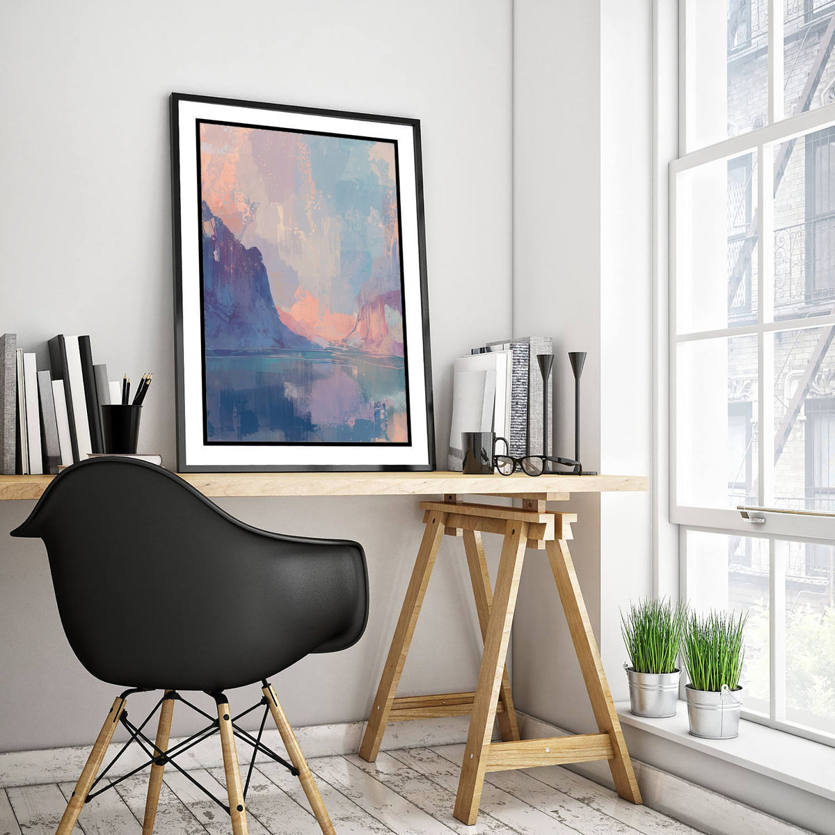 Pastel Fjord Cliffs Art Print - Arctic Northern Lights Illustration - Blue Lilac Mountain Lake Poster V2 2/3