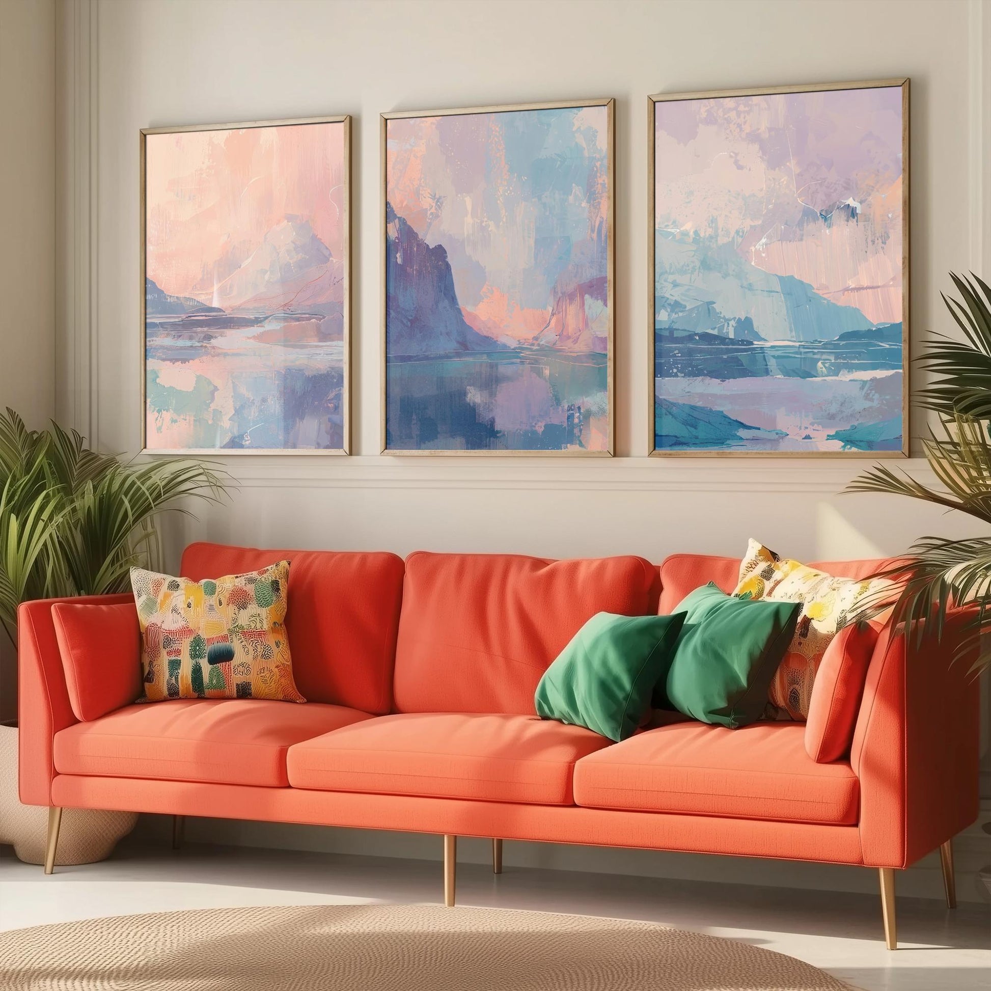 Aurora Arctic Set of Three Art Prints - Dreamy Glacier Peaks in Blush and Powder Blue - Pastel Abstract Landscape Posters Painting V2