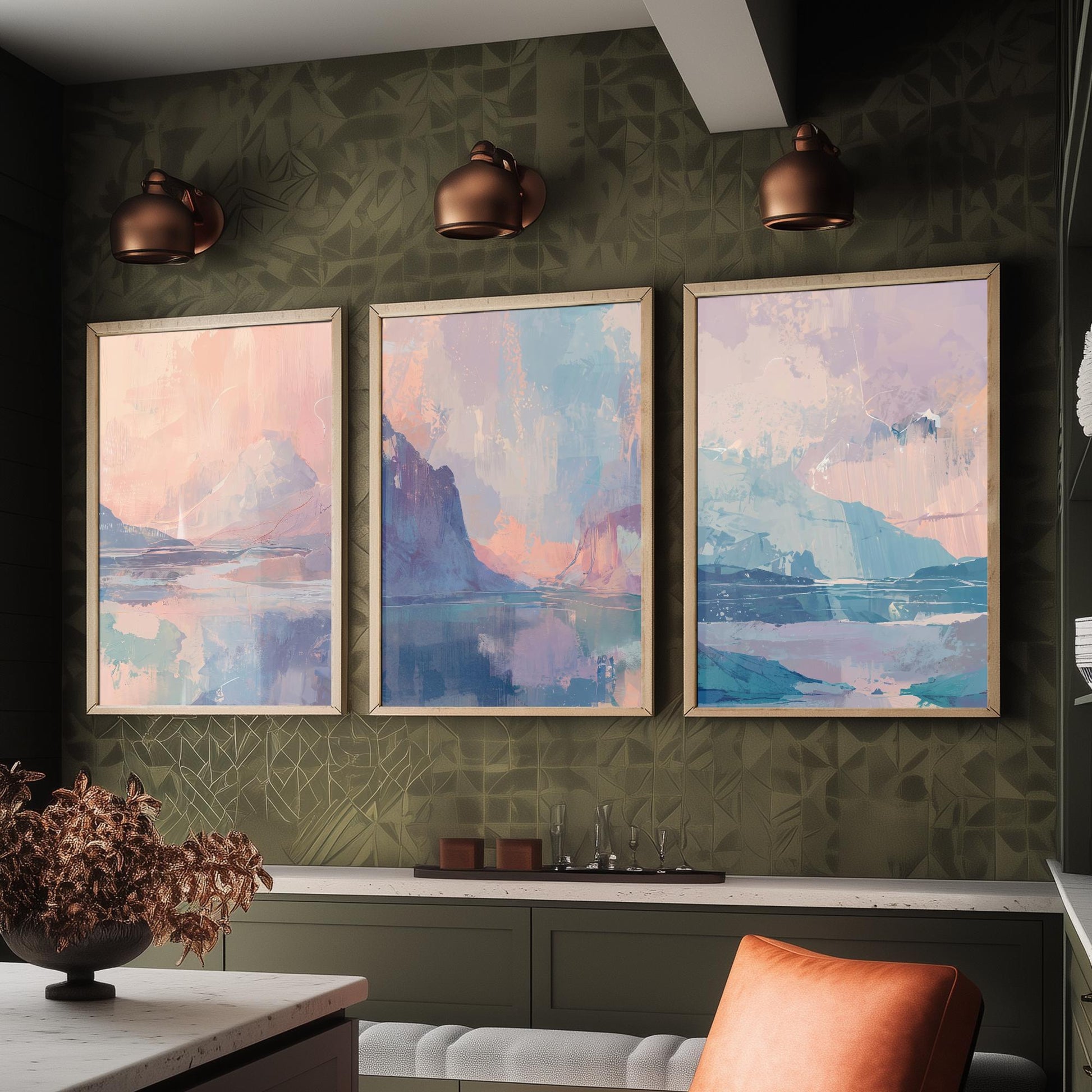 Aurora Arctic Set of Three Art Prints - Dreamy Glacier Peaks in Blush and Powder Blue - Pastel Abstract Landscape Posters Painting V2