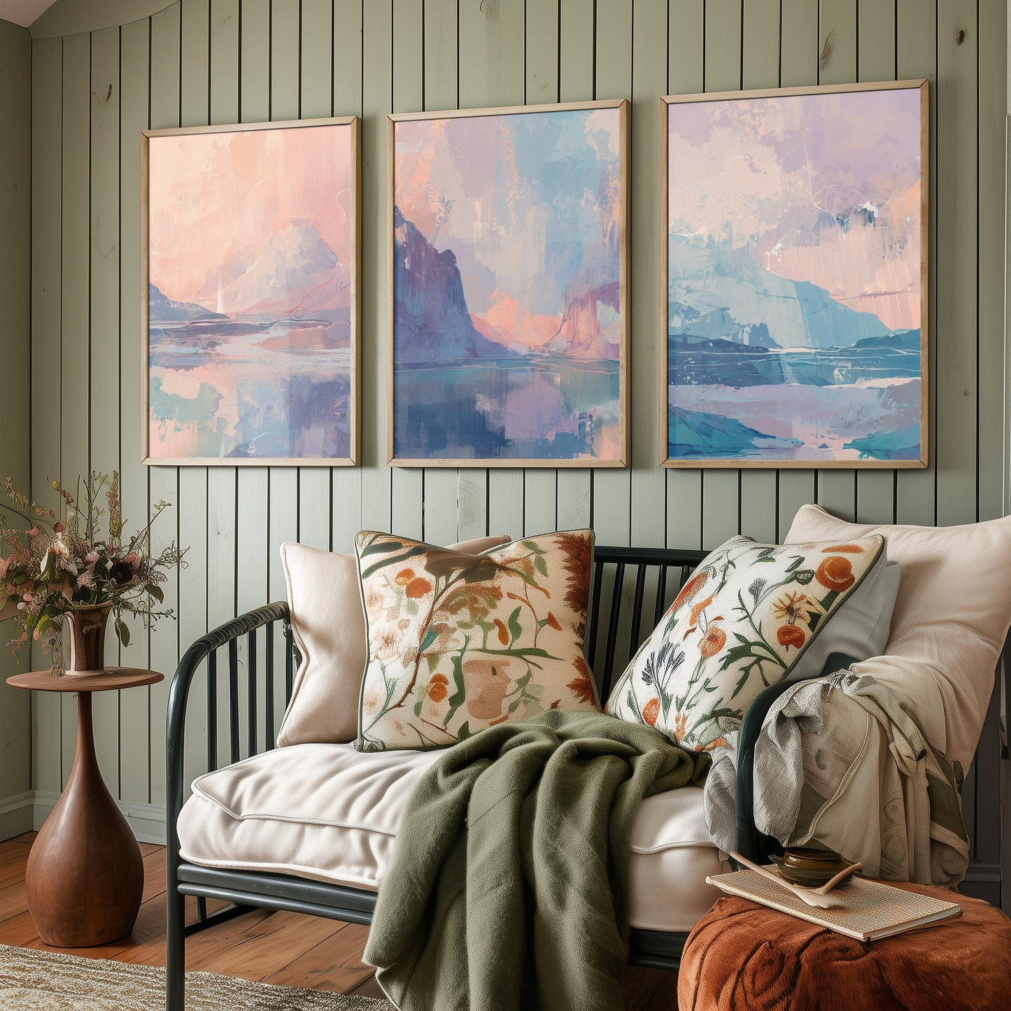 Aurora Arctic Set of Three Art Prints - Dreamy Glacier Peaks in Blush and Powder Blue - Pastel Abstract Landscape Posters Painting V2