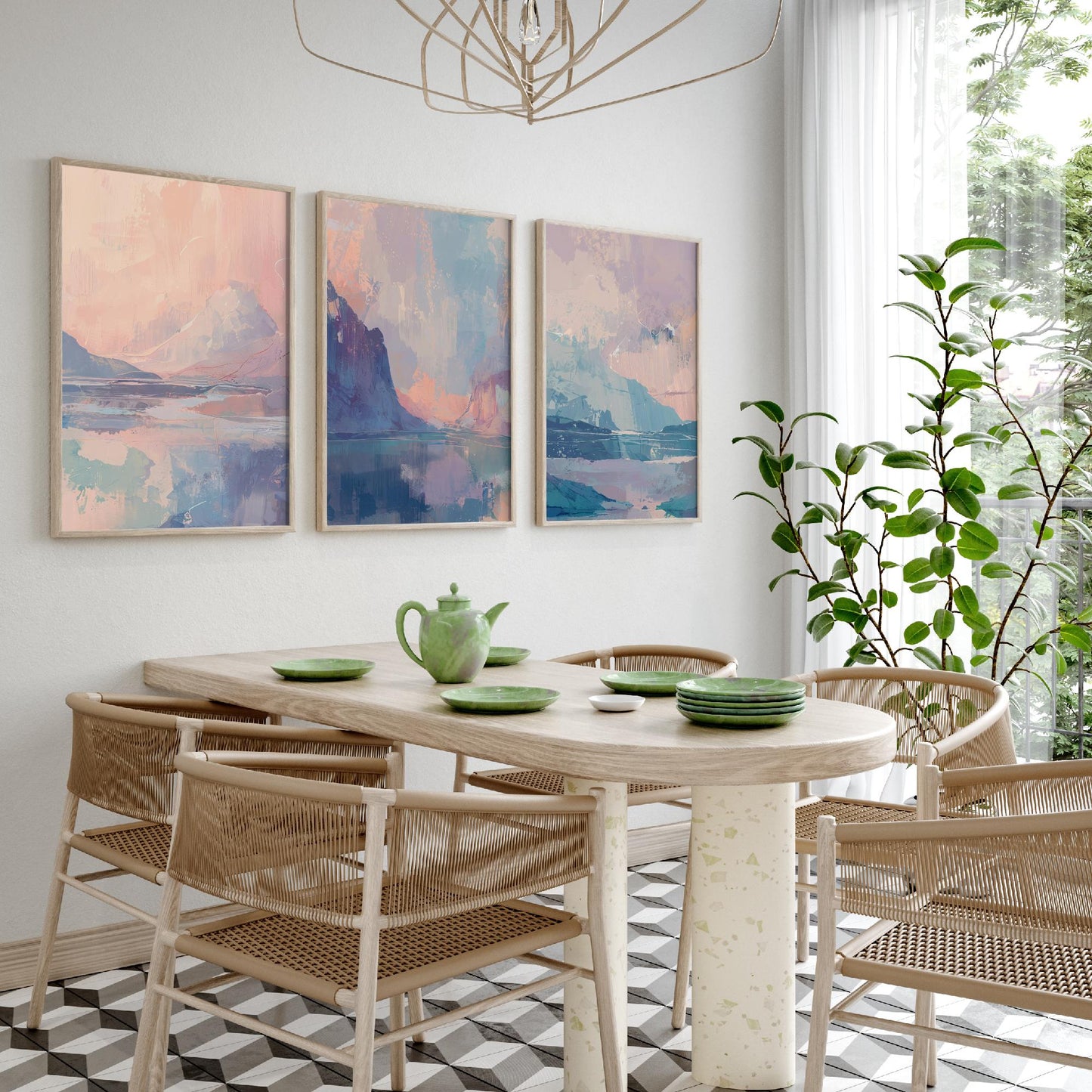 Aurora Arctic Set of Three Art Prints - Dreamy Glacier Peaks in Blush and Powder Blue - Pastel Abstract Landscape Posters Painting V2