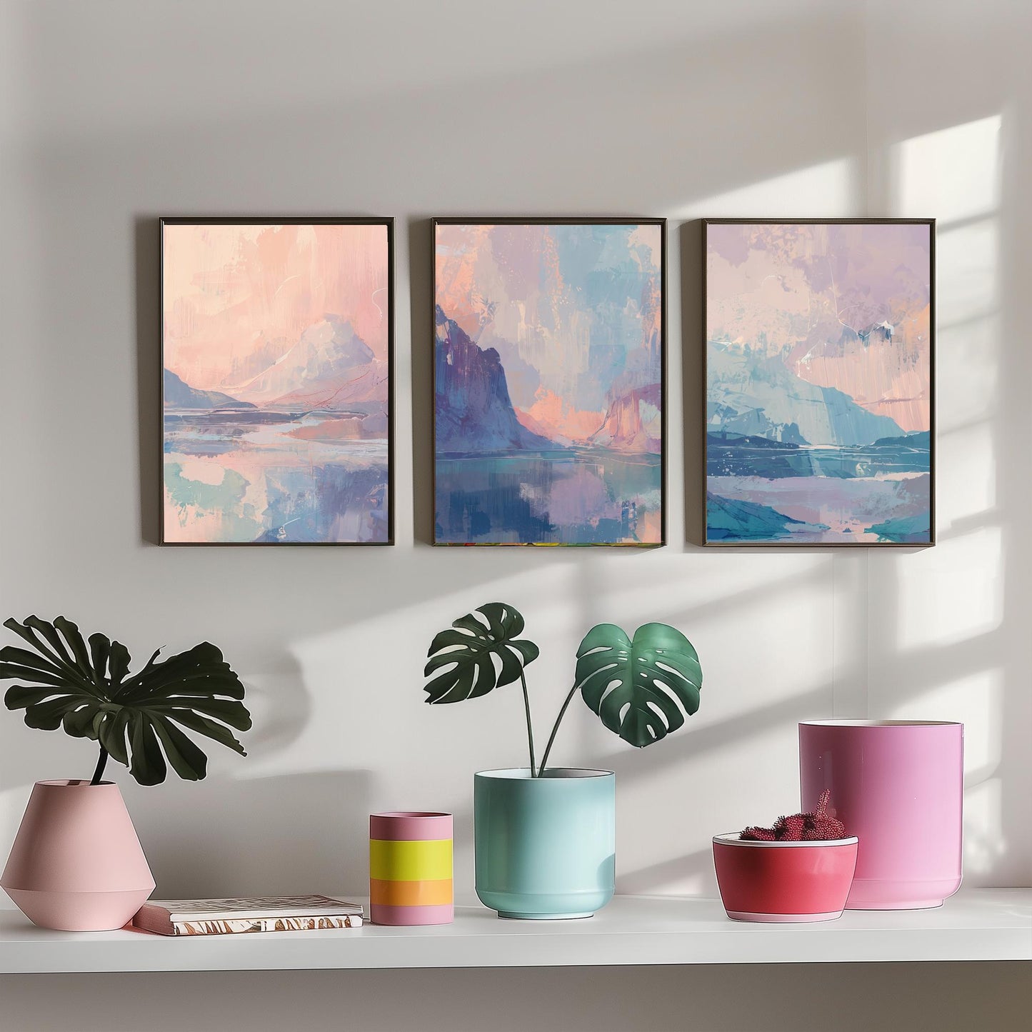 Aurora Arctic Set of Three Art Prints - Dreamy Glacier Peaks in Blush and Powder Blue - Pastel Abstract Landscape Posters Painting V2