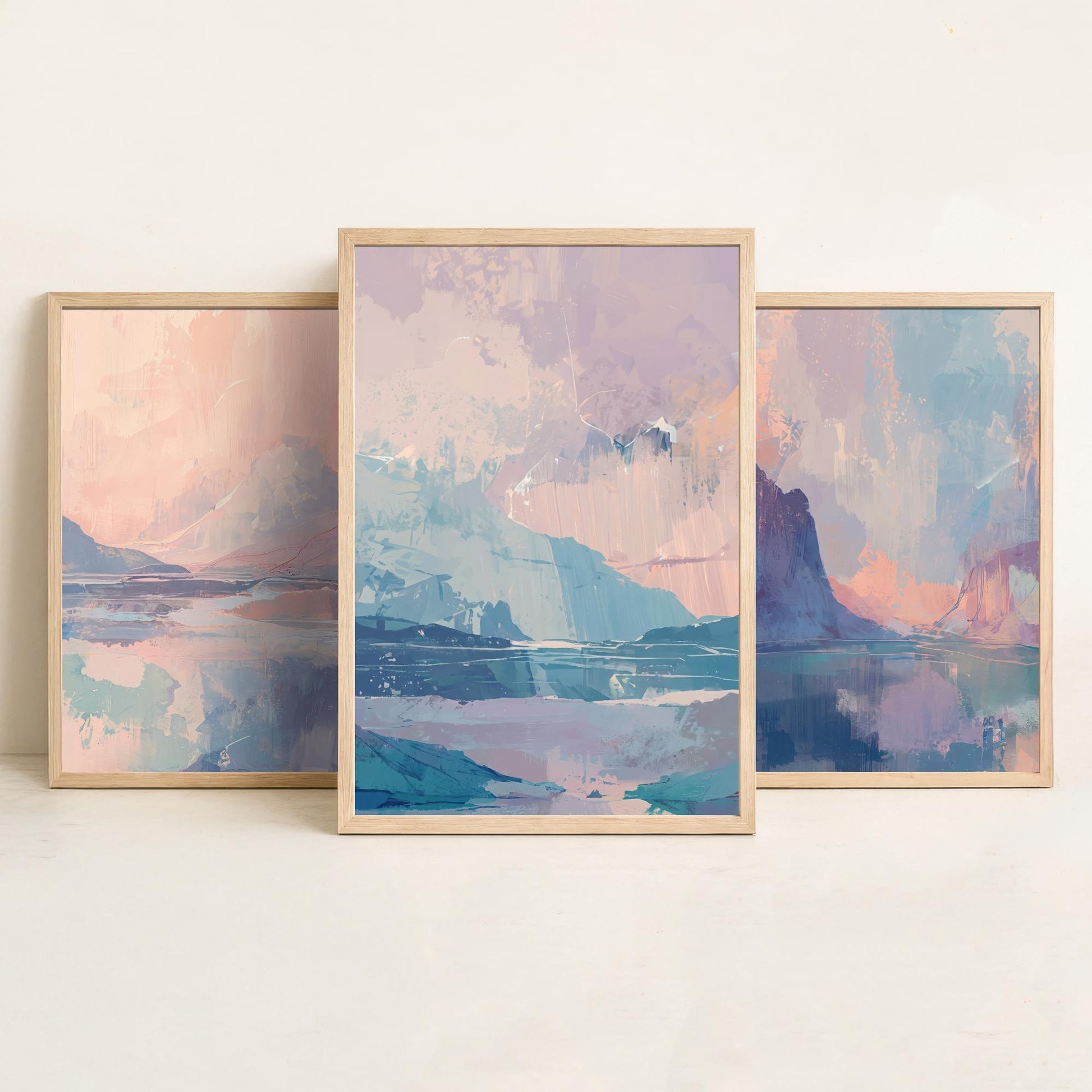 Aurora Arctic Set of Three Art Prints - Dreamy Glacier Peaks in Blush and Powder Blue - Pastel Abstract Landscape Posters Painting V2
