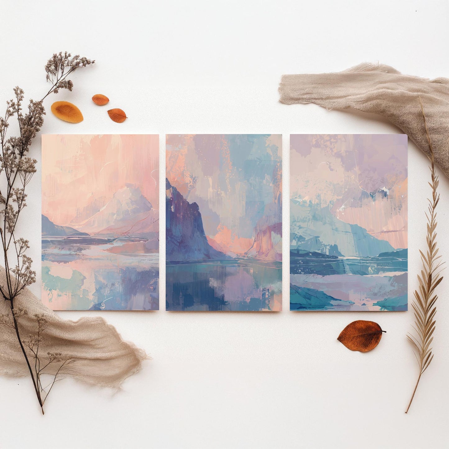 Aurora Arctic Set of Three Art Prints - Dreamy Glacier Peaks in Blush and Powder Blue - Pastel Abstract Landscape Posters Painting V2