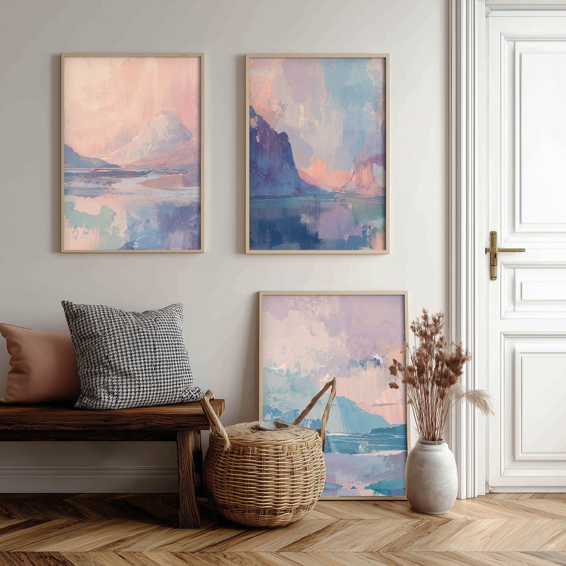 Aurora Arctic Set of Three Art Prints - Dreamy Glacier Peaks in Blush and Powder Blue - Pastel Abstract Landscape Posters Painting V2