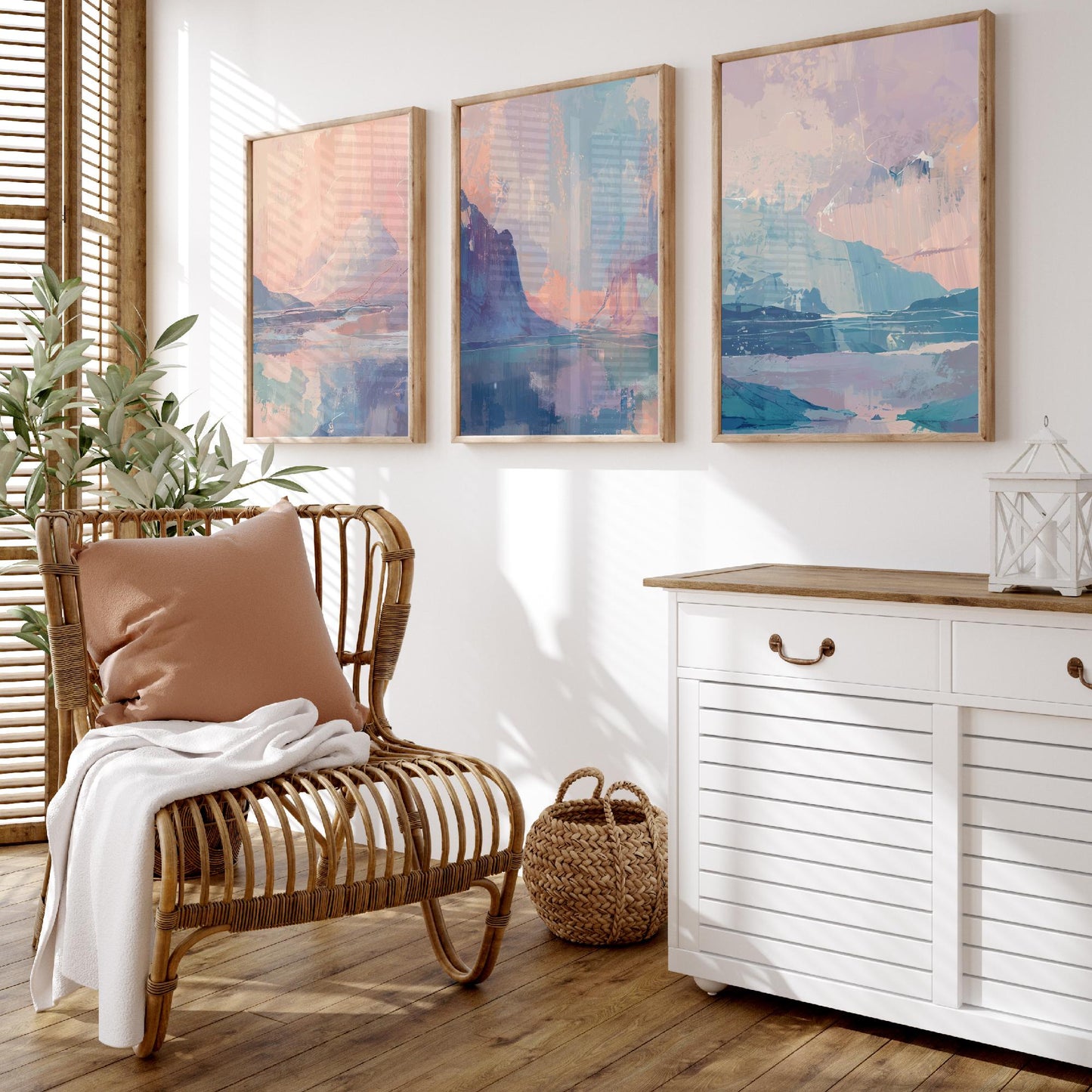 Aurora Arctic Set of Three Art Prints - Dreamy Glacier Peaks in Blush and Powder Blue - Pastel Abstract Landscape Posters Painting V2
