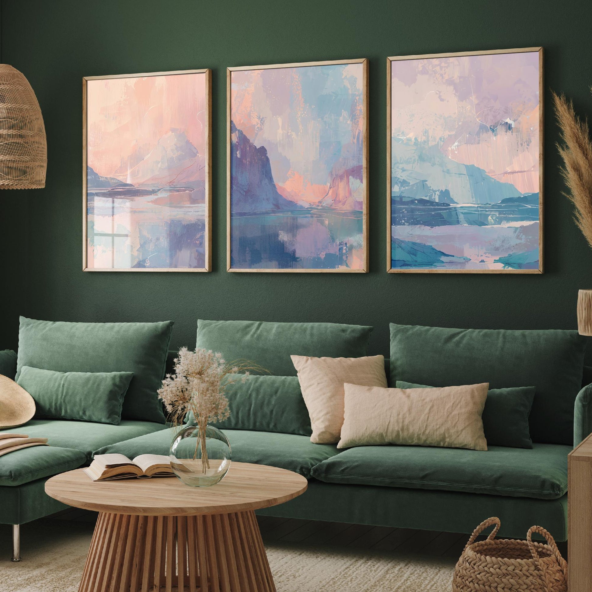Aurora Arctic Set of Three Art Prints - Dreamy Glacier Peaks in Blush and Powder Blue - Pastel Abstract Landscape Posters Painting V2