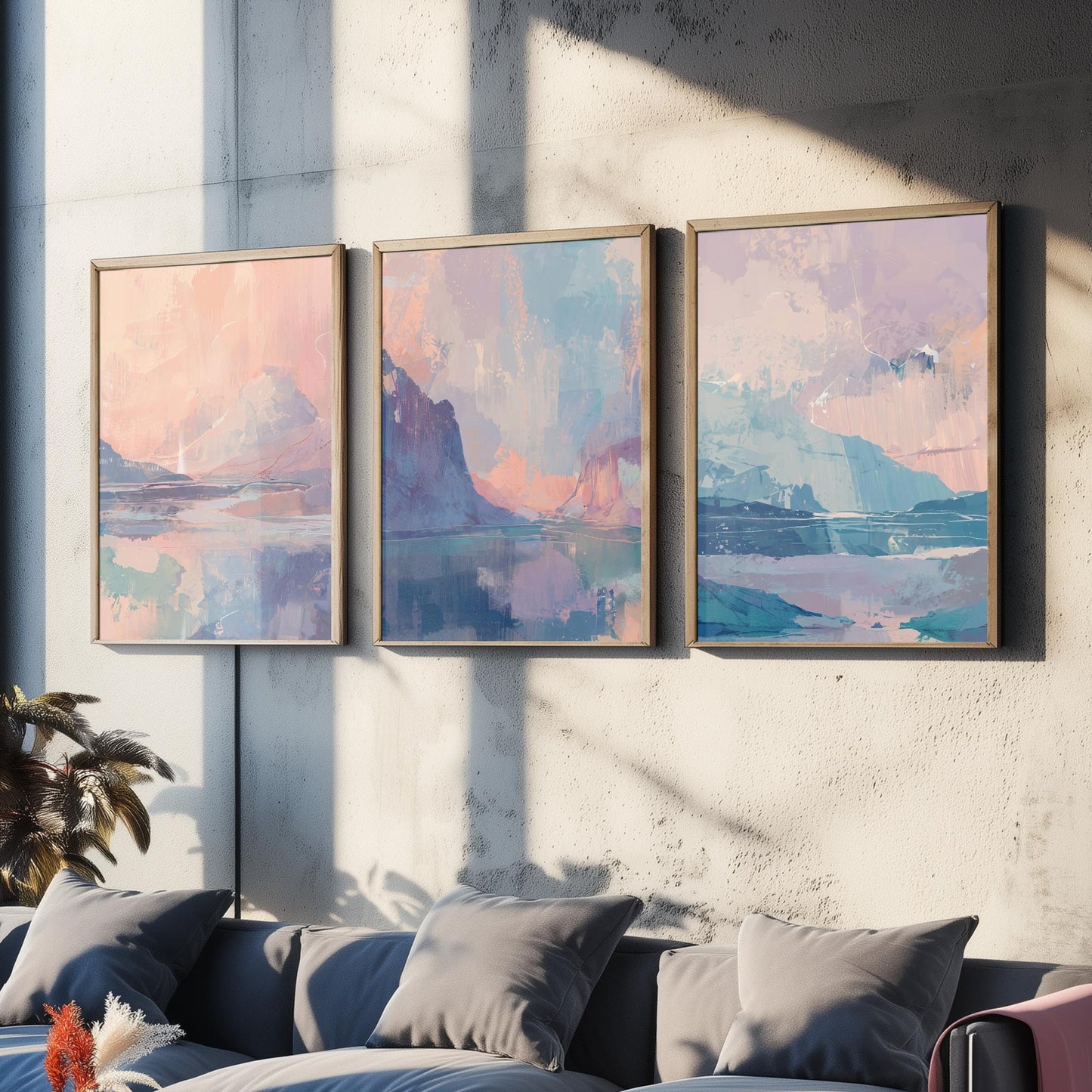Aurora Arctic Set of Three Art Prints - Dreamy Glacier Peaks in Blush and Powder Blue - Pastel Abstract Landscape Posters Painting V2