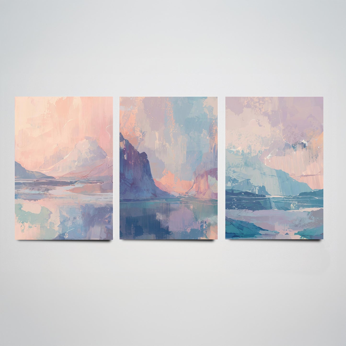 Aurora Arctic Set of Three Art Prints - Dreamy Glacier Peaks in Blush and Powder Blue - Pastel Abstract Landscape Posters Painting V2